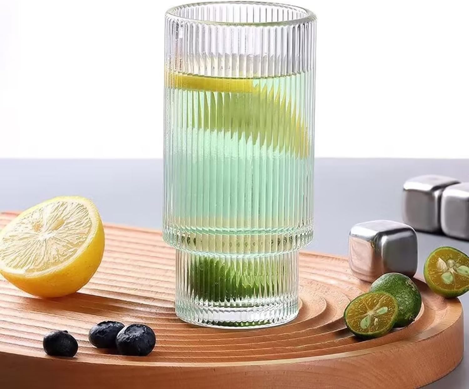 16OZ Ribbed Glass Cups with Lids and Straws,Iced Coffee Cups with Bamboo Lid,Vintage Glassware for Whiskey Cocktail Beer Fruit Juice Glasses Tumbler(6 Pack)