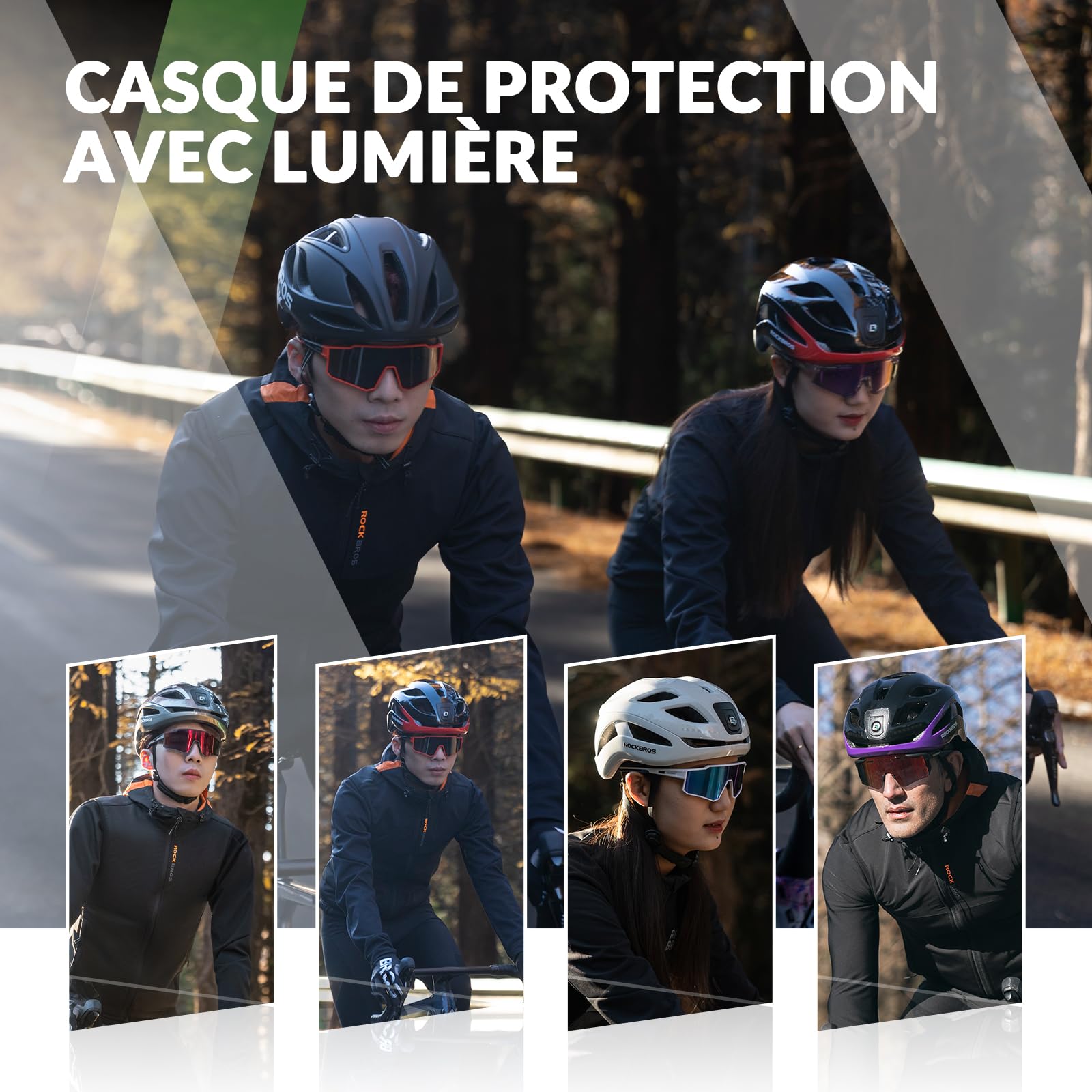 ROCKBROS Casque Luminieux LED Rechargable, Casque de Vélo Réglable 57-61 cm avec Lumière, Casque d’éclairage de Cyclisme Léger Respirant pour Homme Femme