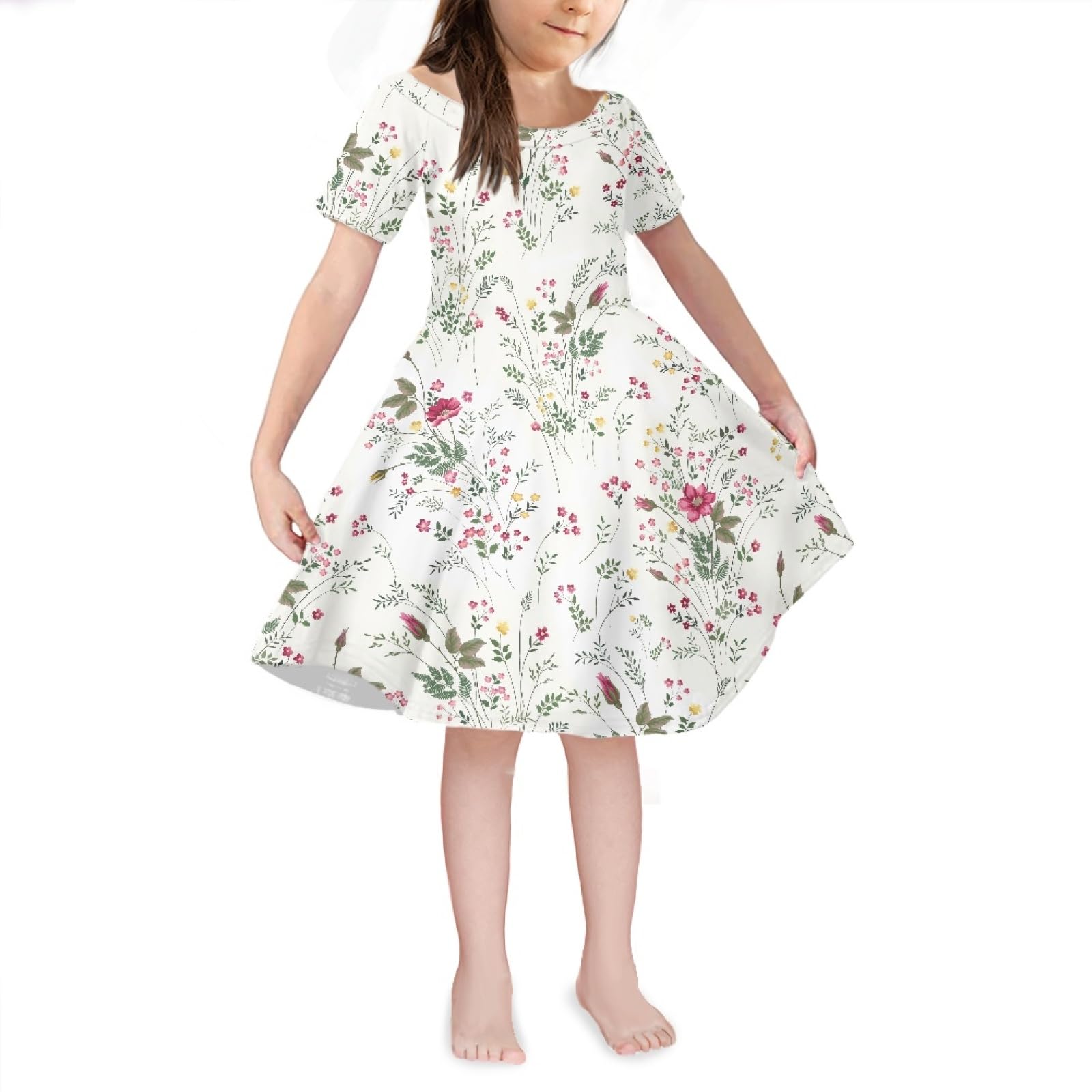 Chickwin Vestido Niña 4-14 Años Ropa Niña para Verano, Vestidos Niña Fiesta de Cuello Redondo, Floral Mono Niña Vestir Vestido Niña Manga Corta - Casual & Banquetes