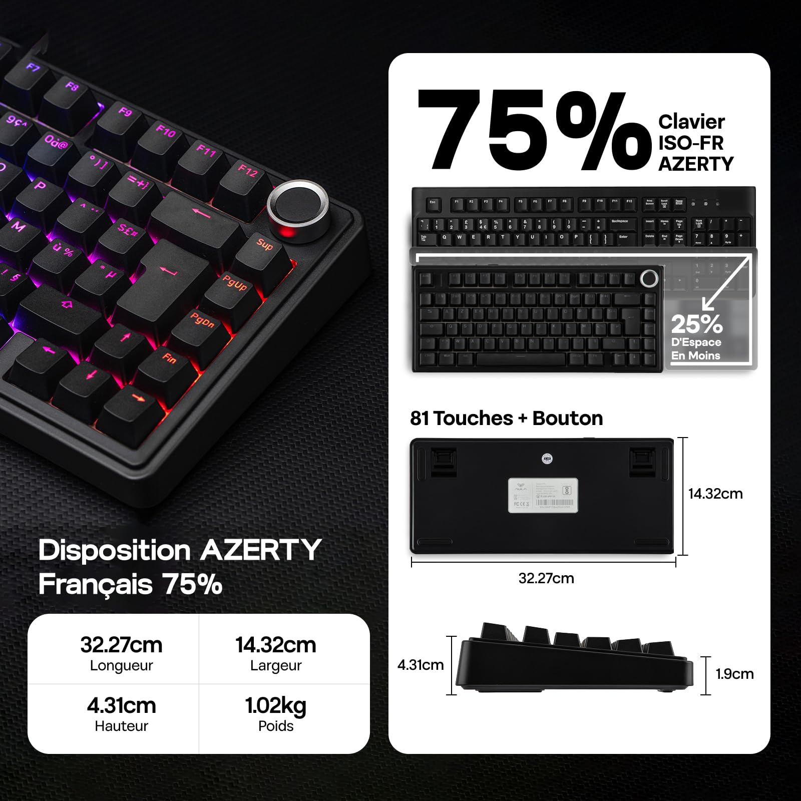EPOMAKER Aula F75 ISO-FR Clavier Mécanique sans Fil, AZERTY 75%, Clavier Gaming Français avec Bouton Rotatif, RVB, Hot-Swap, Montage Gasket, Son Crémeux, BT/2.4Ghz/Filaire