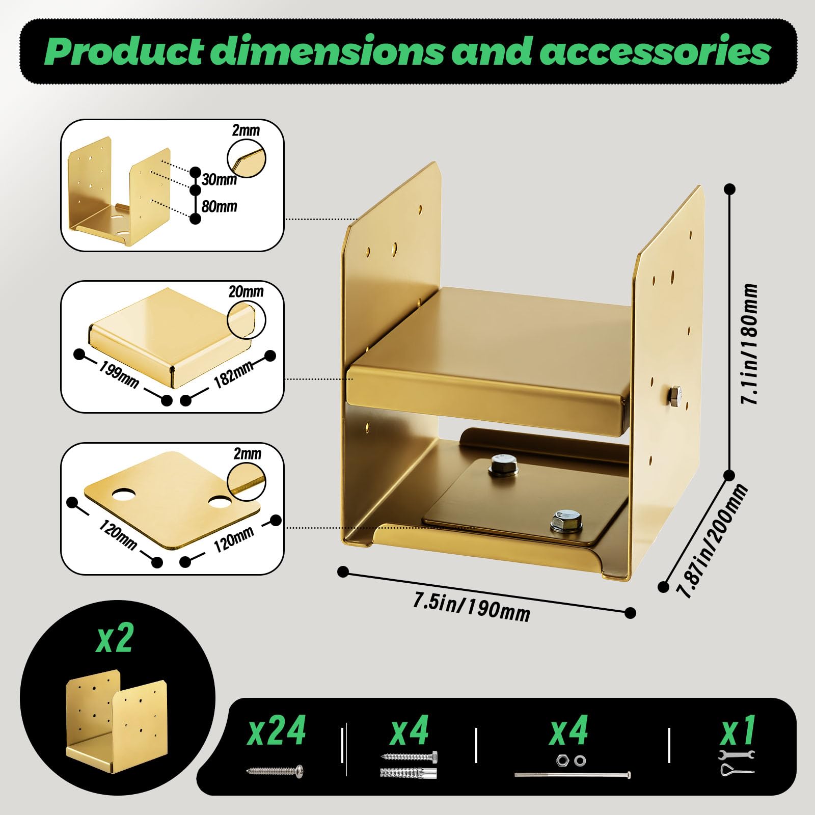 Base de poste de 8 x 8 pulgadas (dorada, 2 piezas) de anclaje de poste de acero inoxidable (tamaño interior: 7.5 x 7.5), soporte de poste ajustable para postes de madera de 8 x 8 pulgadas, placa de