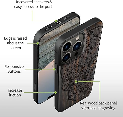 Miniatura 9 de Carveit Funda magnética de madera para iPhone 13 Pro Max madera natural y TPU suave negro a prueba de golpes, funda de madera única y elegante