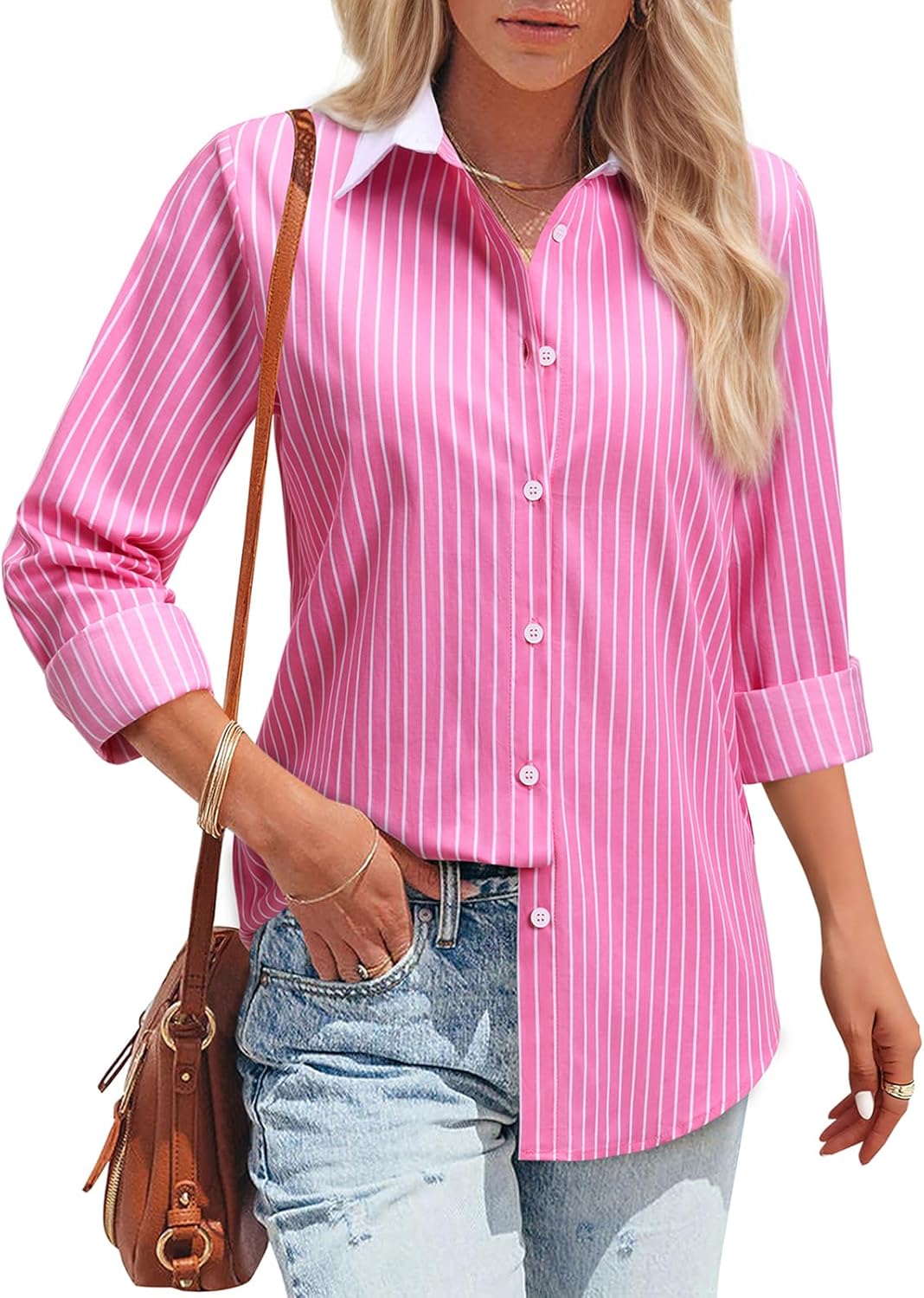 Striped Button Down Shirts for Women Cotton Dress Shirt Long Sleeve Collared Blouse Tops Business Office Attire