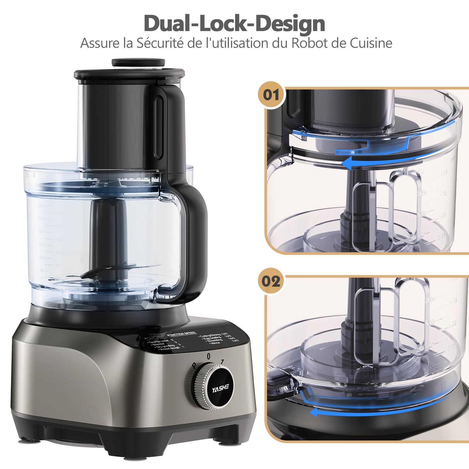 YASHE Robot Cuisine Multifonctions – Blender, Mixeur, Moulin, Presse-Agrumes, Pétrin avec Bol de 2,5L et Blender de 1,5L, 1300W, 3 Vitesses, Fonction Pulse, Verrouillage de Sécurité