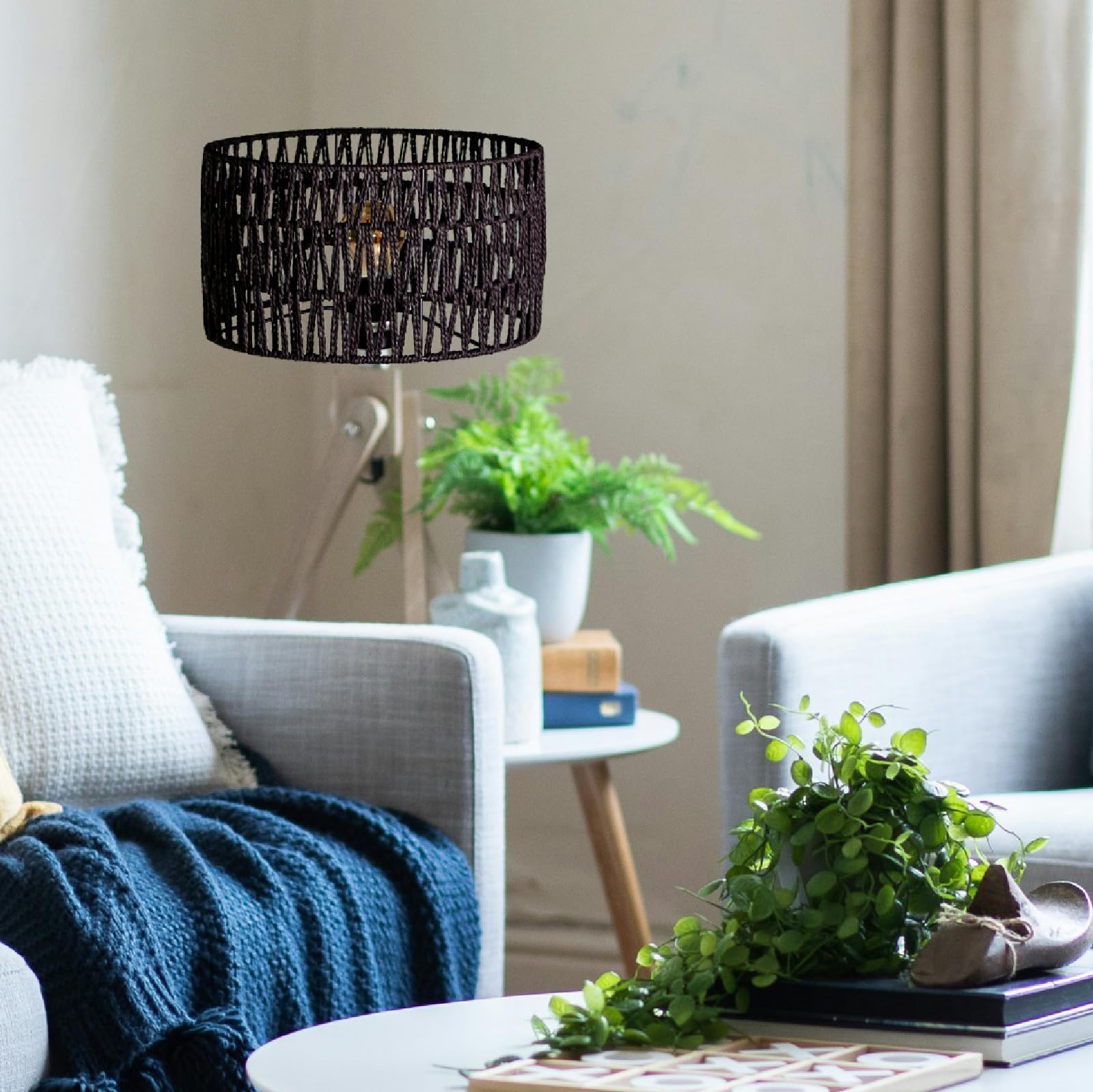 Osasy Modern Black Boho Lampshade, Rattan Lampshade, Drum Shape, Hollow Carved, for Floor Lamp Table Lampshade, Pendant Lamp - Image 4