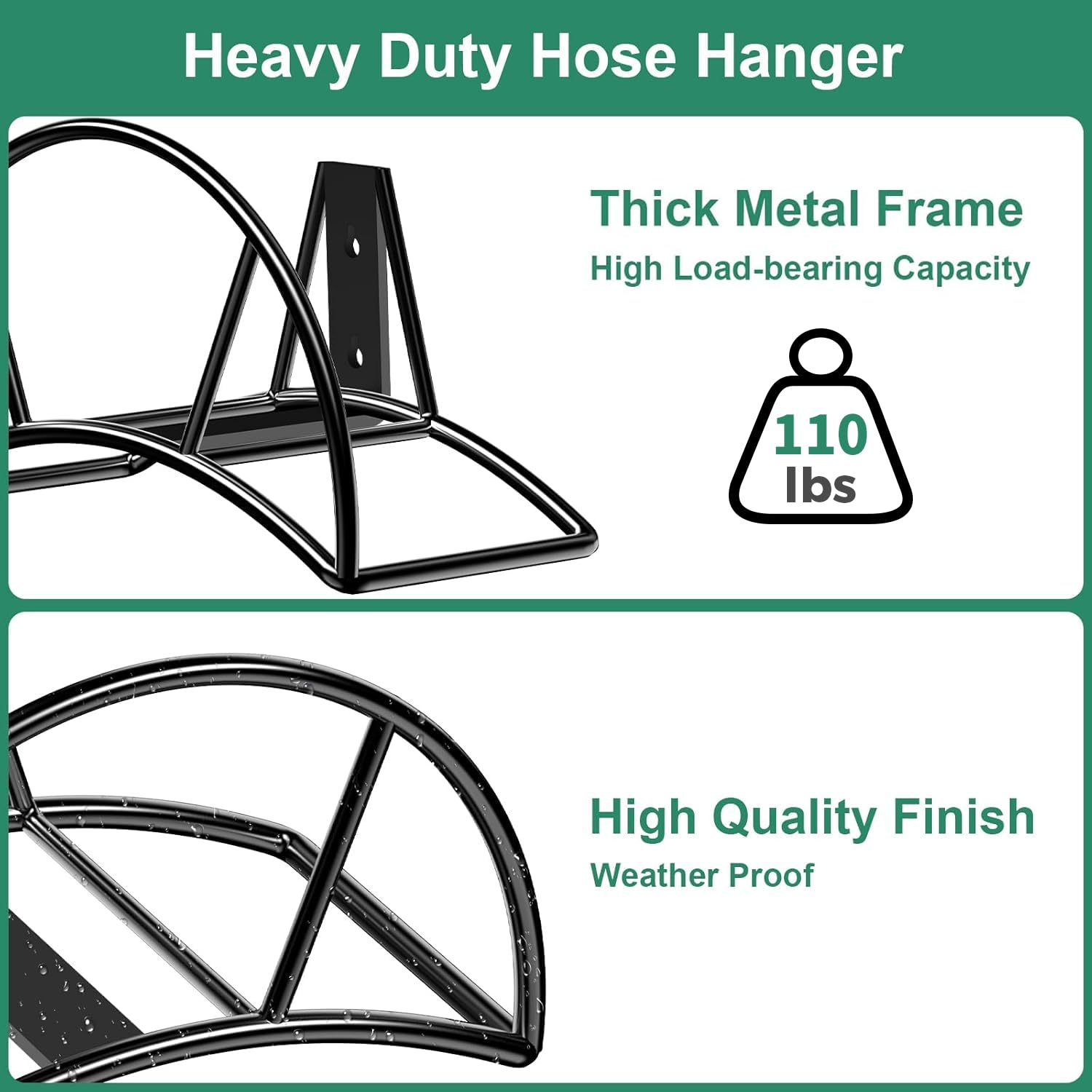 TomCare Soporte de manguera de jardín para montaje en pared, soporte resistente para manguera de agua de 150 pies, colgador de manguera de metal, carrete de manguera duradero, organizador de