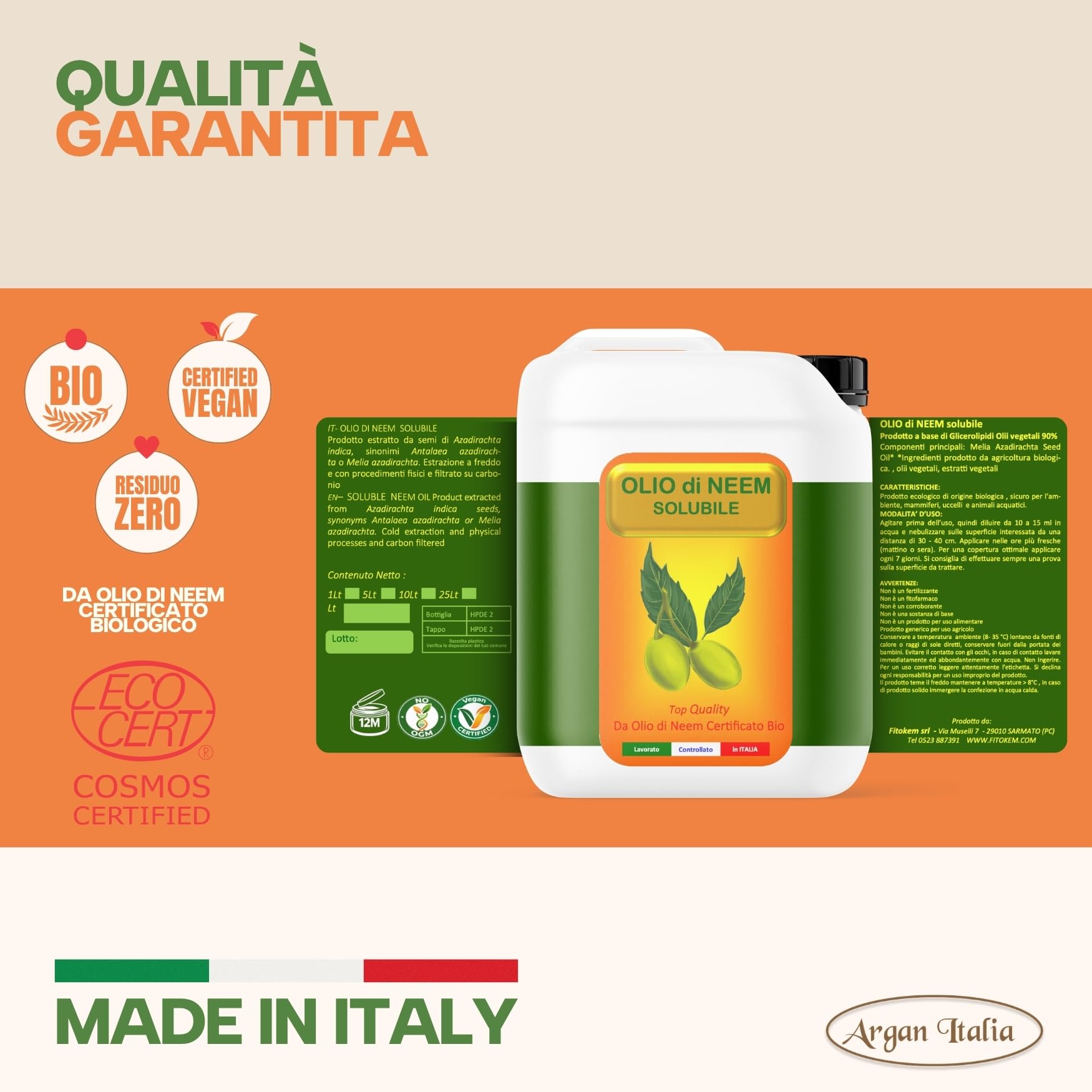 Solubile Olio di Neem, Argan Italia, idrosolubile, solubile in acqua 10 Litri (2x5Lt) - piante, ambienti, giardino, animali, insetti