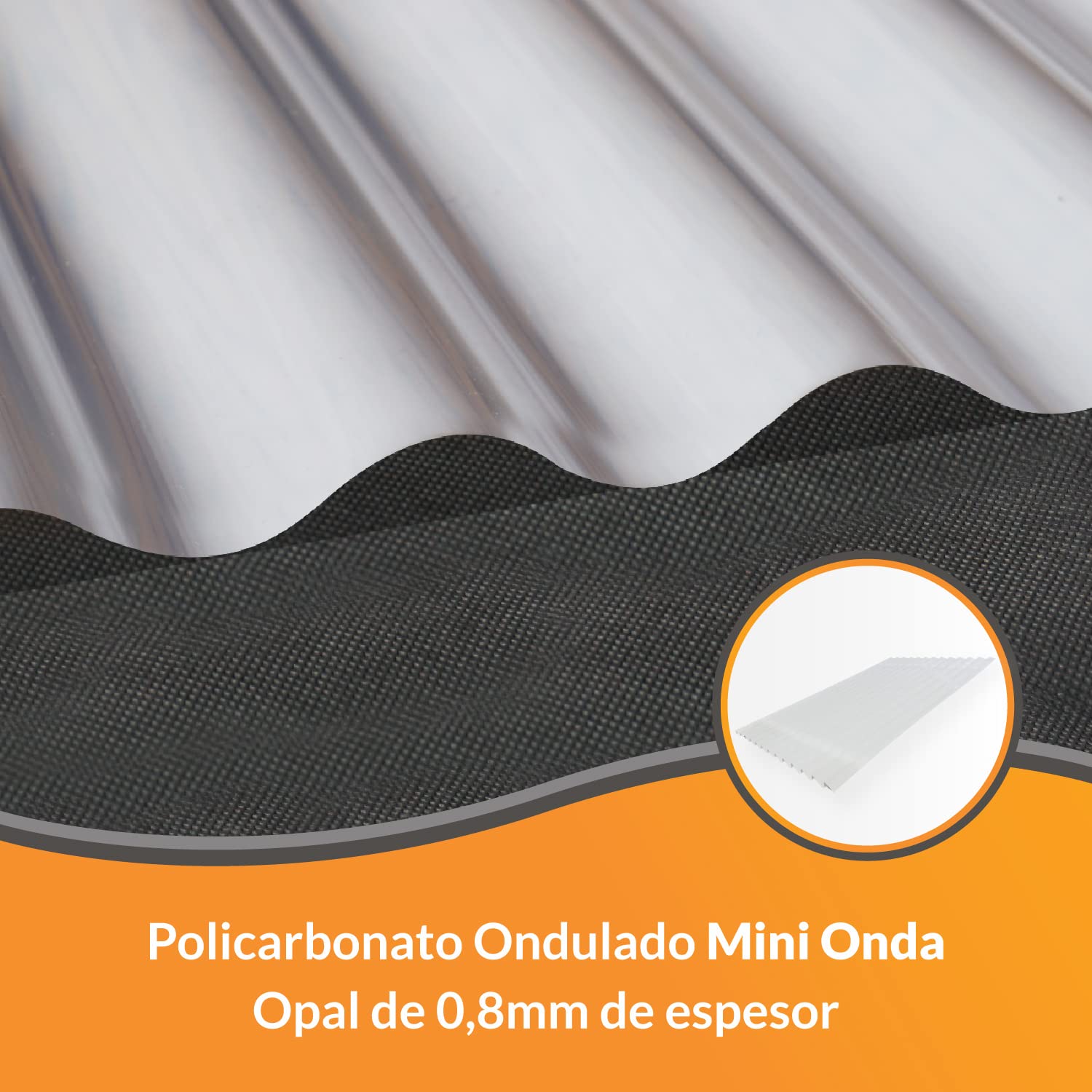 Plancha de Policarbonato Compacto Ondulado - Mini Onda - Espesor de 0,8mm - 2500 x 1000 - Material Resistente a la Lluvia - Color Opal