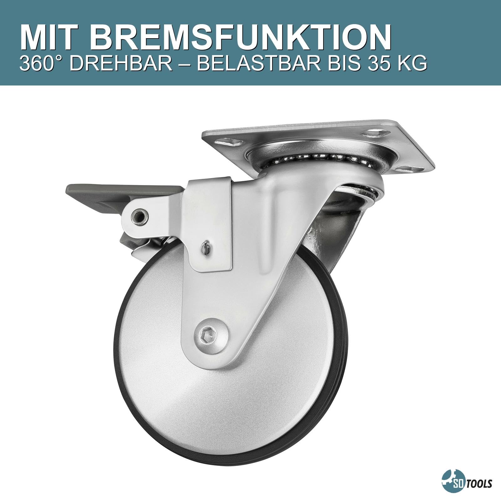 SOTOOLS 4er Set Lenkrollen HANS für Möbel 360° drehbar mit Bremse – Möbelrollen in silbergrau, 75 mm, TPEE, belastbar bis 140 kg, Anschraubplatte, Schraubenset 5 x 17 mm