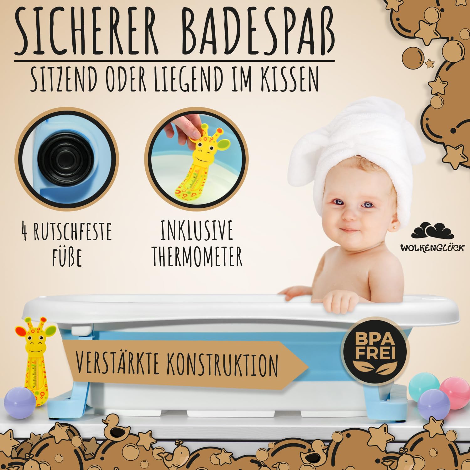 WOLKENGLÜCK® Faltbare Babybadewanne [50 Liter] - Platzsparende Baby Badewanne inkl. Thermometer, 4 Spielbällen & extra weichem Badekissen - Hochwertige Badewanne für Babys - BPA-frei