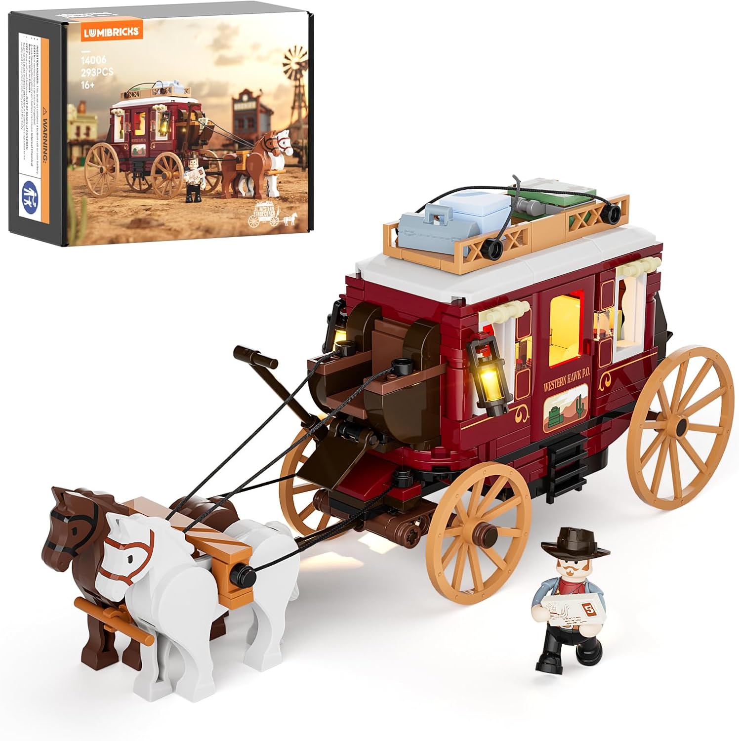 Lumibricks Western Stagecoach Lighting Building-Bricks Set - Old West Carriage and Horse 293 Pcs Collection Display Set for West Lovers