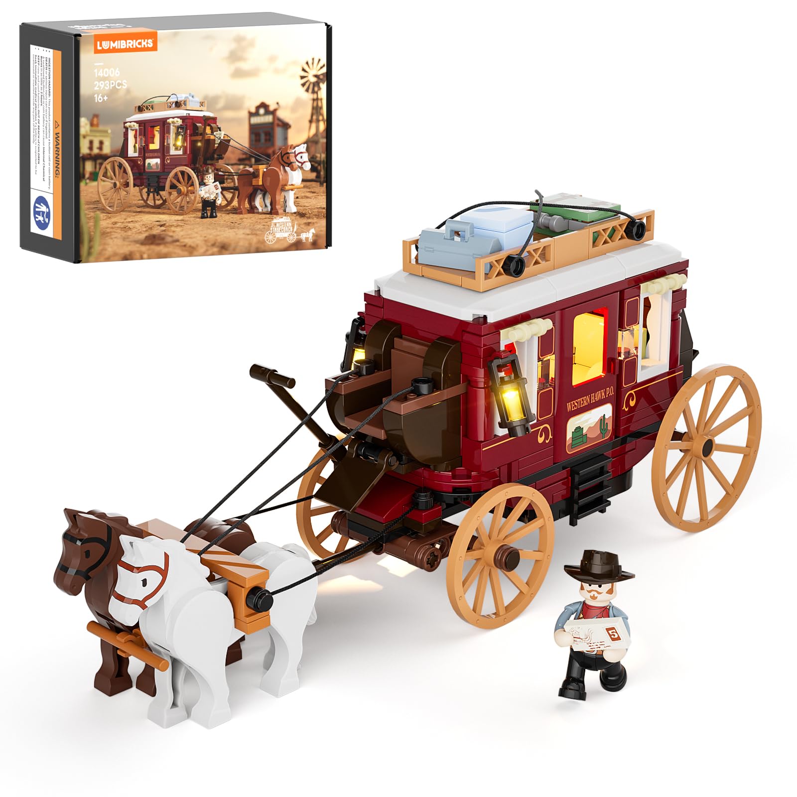 Lumibricks Western Stagecoach Lighting Building Set - 293 Pieces Western Stagecoach and Horse Collection Display Set, Perfect for Western Enthusiasts