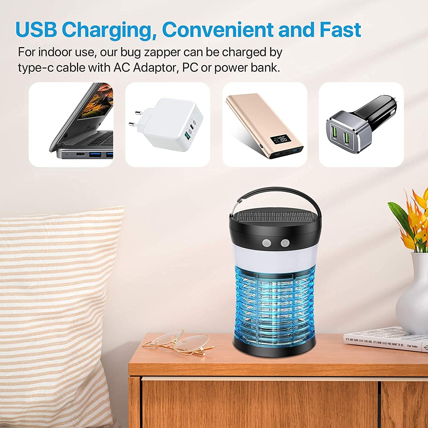 Bug Zapper, Solar Mosquito Killer Lamp Camping Lights USB Rechargeable Fly Zapper Led Killer Lantern Waterproof Outdoor Indoor Night Light for Bedroom, Kitchen, Hotel, Office : Garden & Outdoor