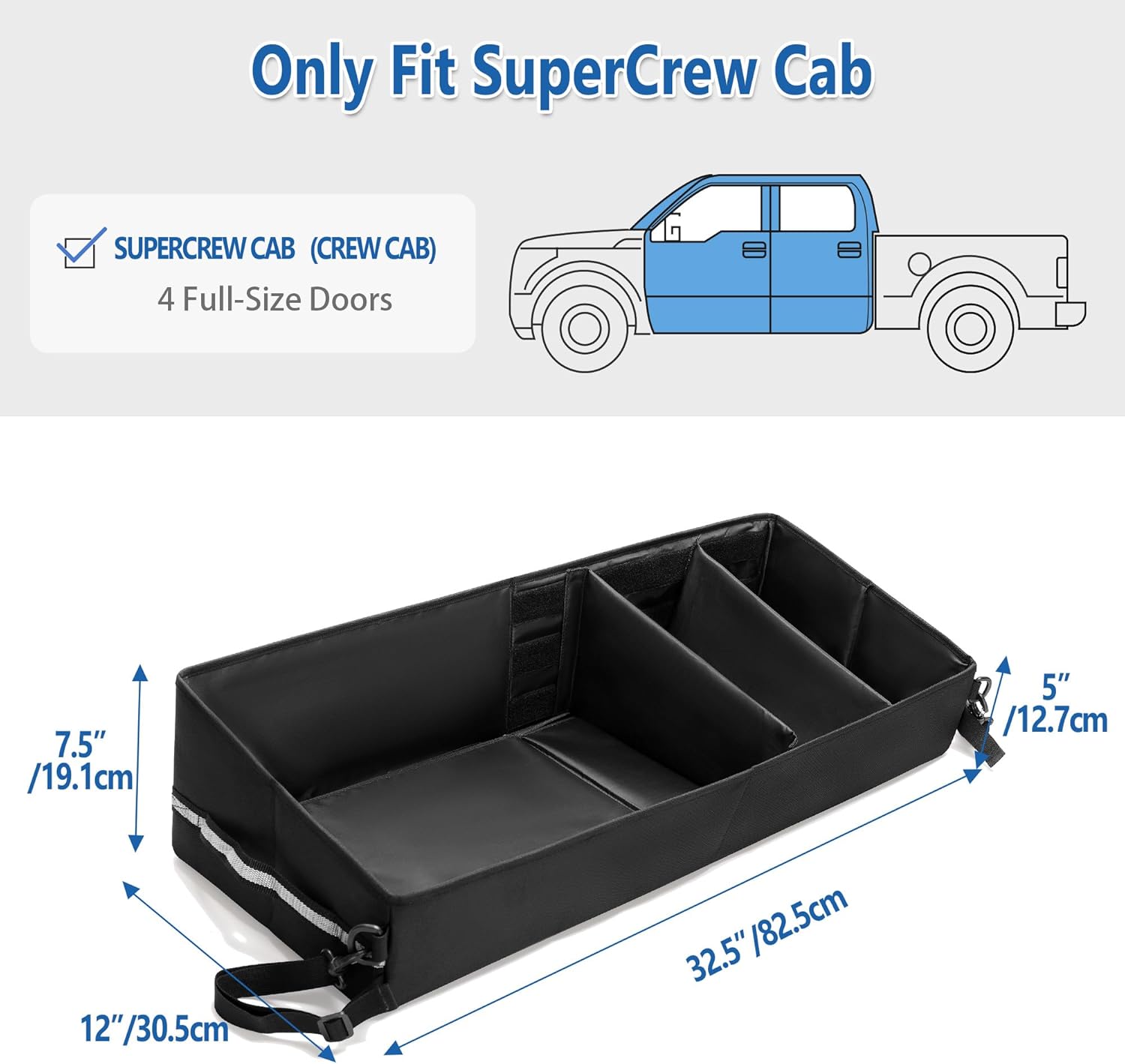 Under Seat Storage Box for Trucks, Tool Organizer with Removable Bottom Board, 2 Side Handles and Hook Snap Fix Strap, Black