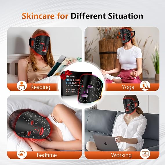 RELEXNOW LED Fcae Mask Light Therapy, 8 Modes 288 Beads Red Light Therapy for Face, Portable Remote Timer, 630nm & 850nm Infrared Therapy Mask for Anti-Aging, Skin Rejuvenation at Home