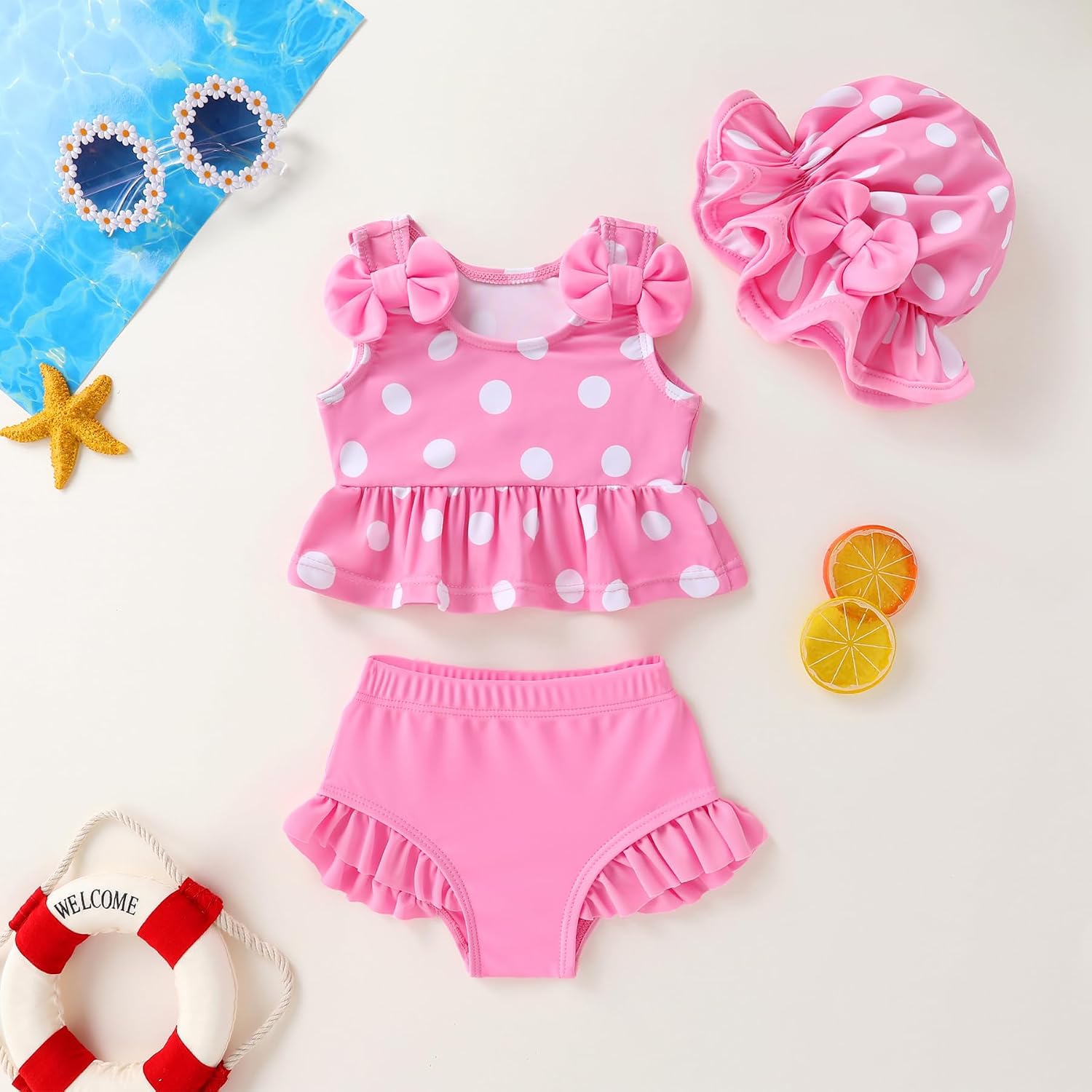 Happy Town Toddler Swimsuit Baby Girl Bathing Suit Sleeveless Bow Floral Bikini Top Ruffle Shorts with Hat Beach Swim Wear