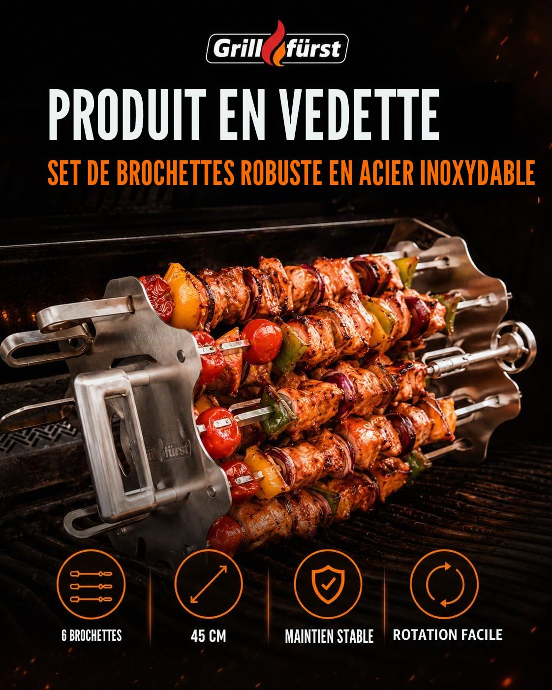 Grillfürst Lot de 6 brochettes universelles pour brochettes et rôtisserie, avec 6 brochettes pour kebab, gyros ou kebab, longueur totale : 45 cm