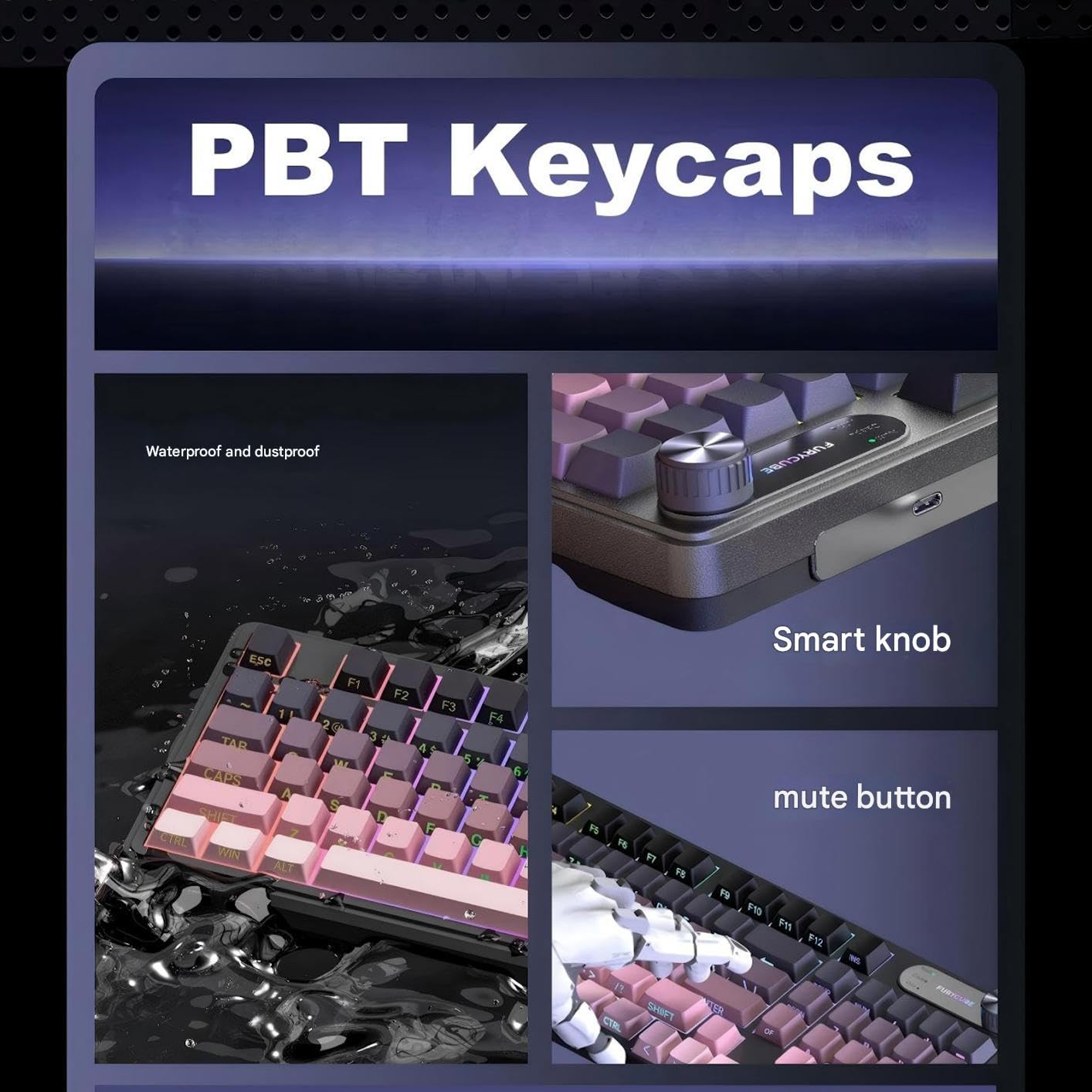 Nasadki klawiszy PBT - wysokość MOA, wodoodporne, odporne na pot, olej, podświetlenie RGB 16,8 m, odłączany kabel USB-C i minimalny poziom hałasu, elegancka estetyka mecha, prostota membrany do biura