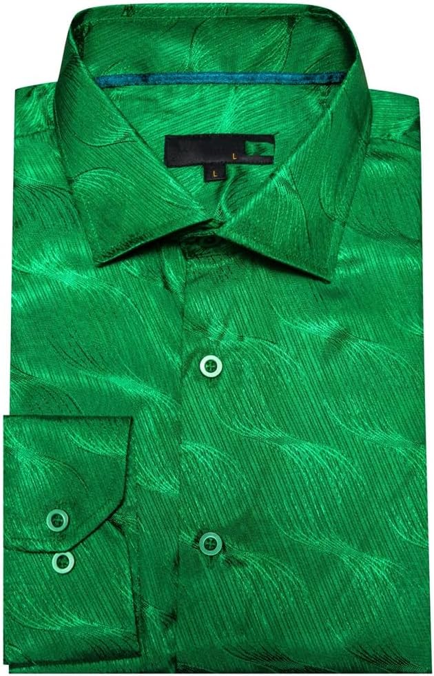 Men Silk Satin Long Sleeve Green Plain Slim Fit Male Blouses Casual Formal Tops