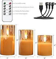 Vista 2 de GenSwin Rechargeable LED Flameless Flickering Glass Candles with Remote Timer, Battery Operated Pillar Candles Long Lasting Gold Real Wax USB Candle