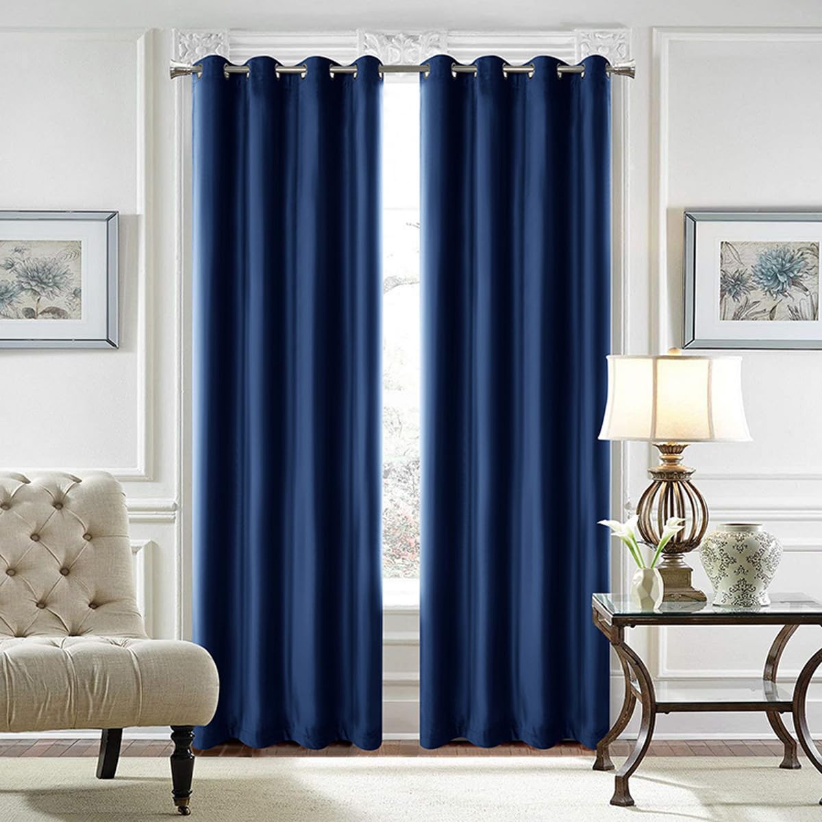 Rideaux en velours 100 % occultants - Bleu foncé - 2 panneaux à isolation thermique - Rideaux doux pour salon - Bloque la lumière et insonorisation - 214 x 259 cm