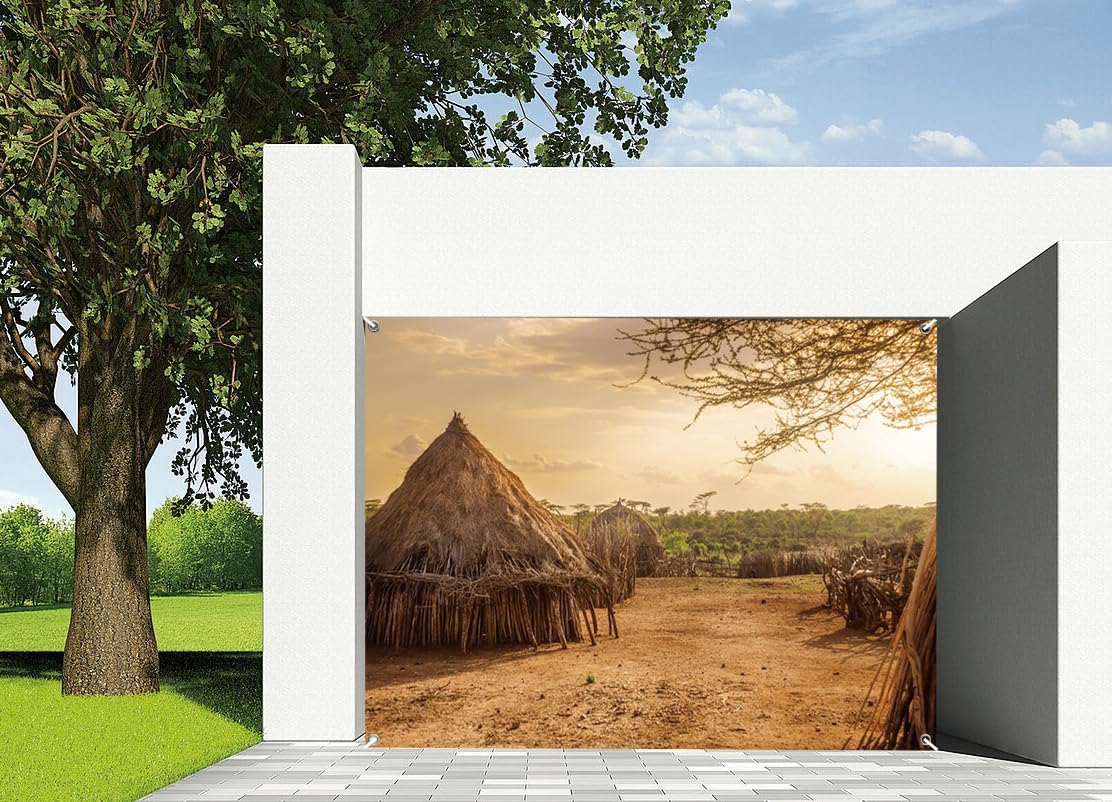 7x8ft Village House Garage Door Decor African Sunset Scene Huts Rustic Ambiance Green Trees Natural Landscape Garage Door Decor Vacation Themed Decor Outdoor Party Props