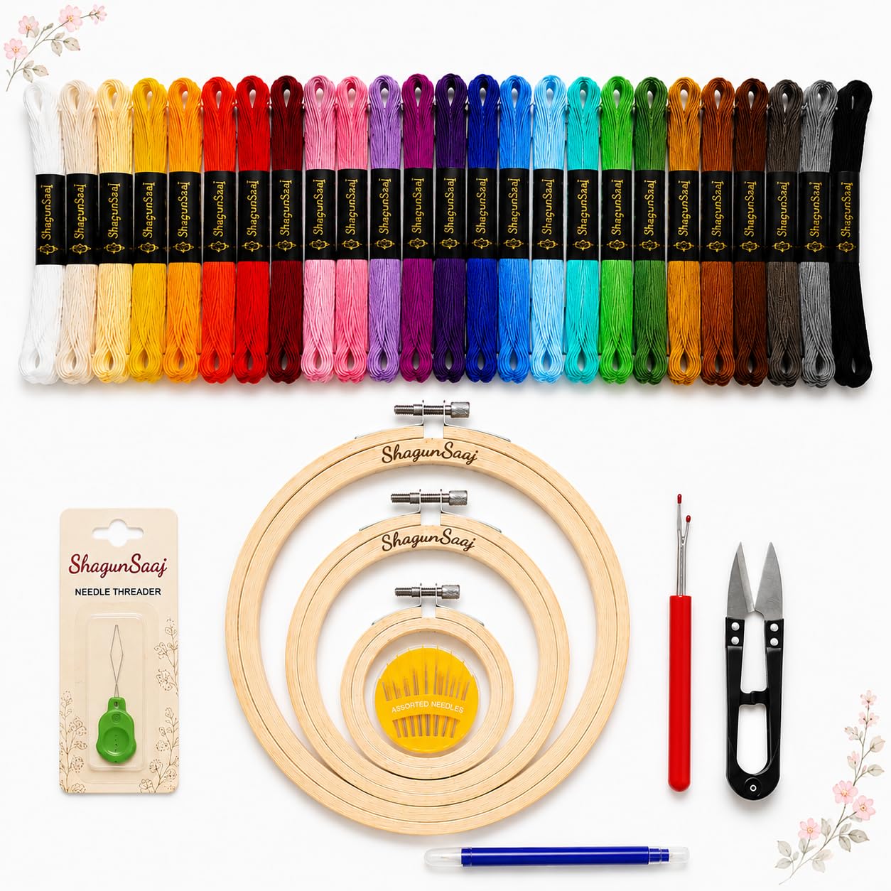 ShagunSaaj Embroidery Kit for Beginners with 3 Wooden Hoops (8", 7", 6"), 25 Color Threads, 25 Needles,1 Thread Cutter, 1 Seam Ripper 1 Threader – DIY Stitching & Needlework Set for Hand Embroidery & Hoop Art-image-23