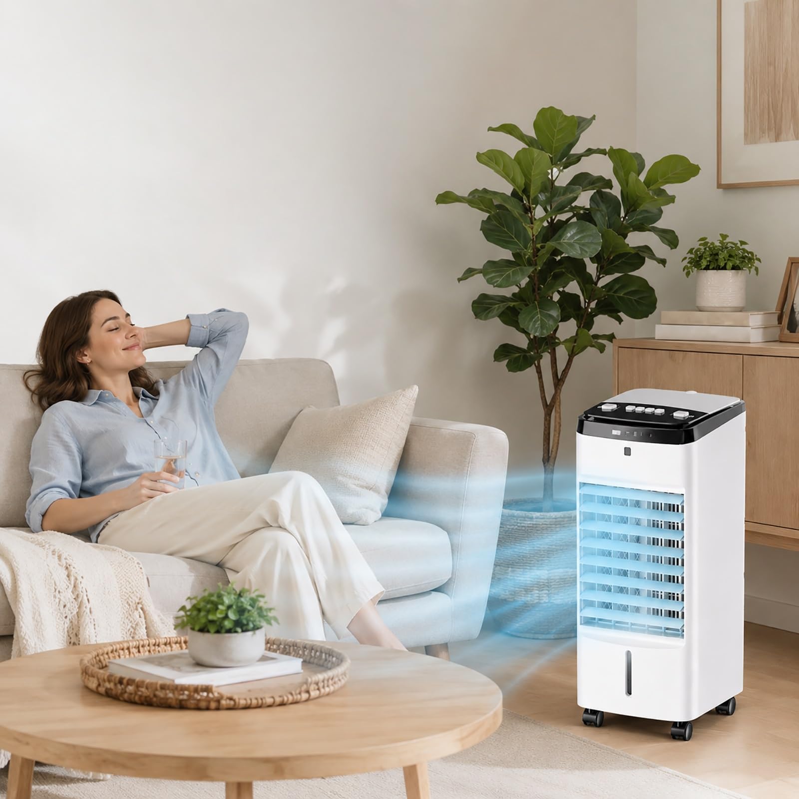 Enfriador de Aire con Ruedas, Climatizador Evaporativo Portátil con Depósito Agua, Ideal para Hogar, Oficina, Dormitorio