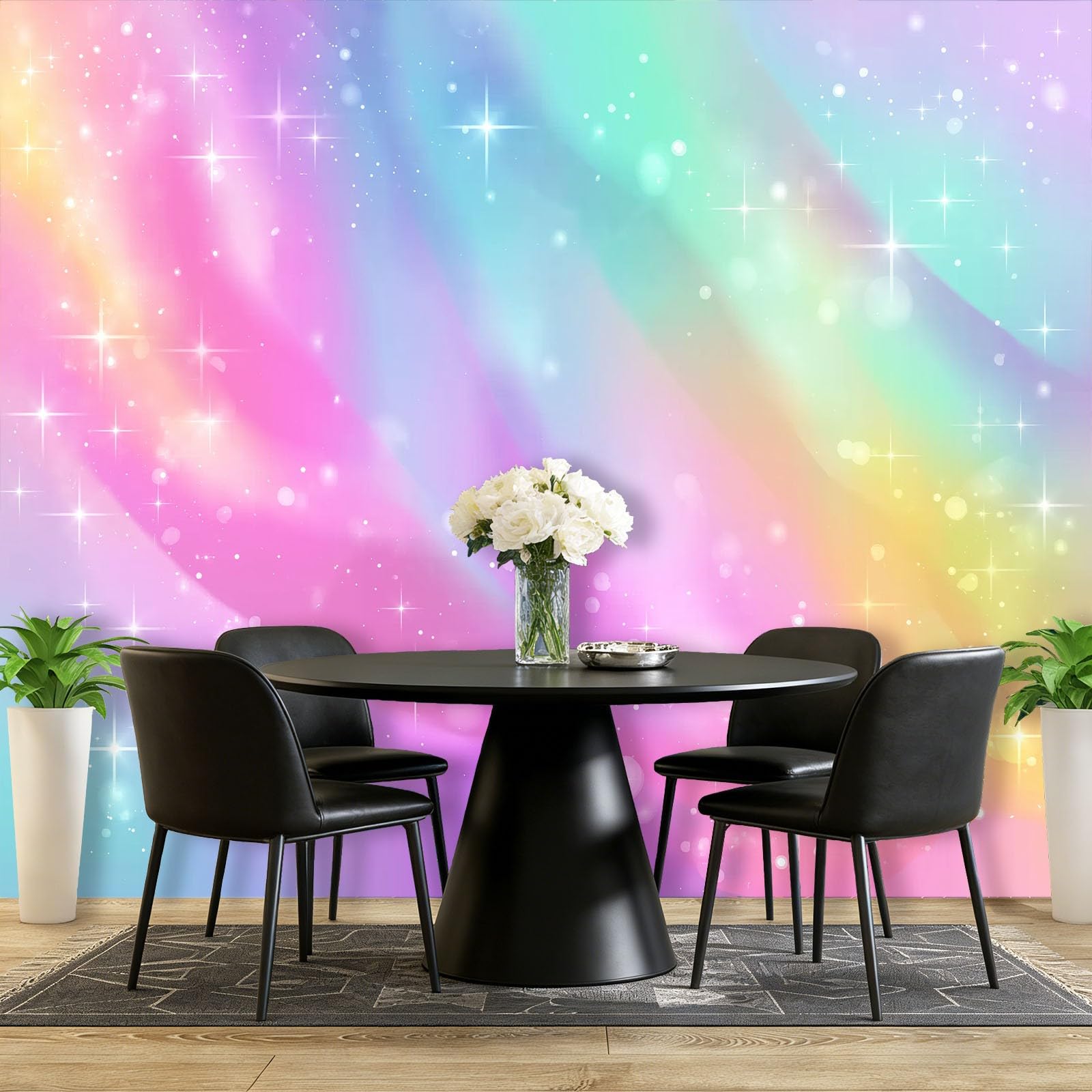 Tapeta panoramiczna 400 x 280 cm, marzycielska tęcza gwiazdy, radosna tapeta z motywem do zabaw i żłobka, kolorowa