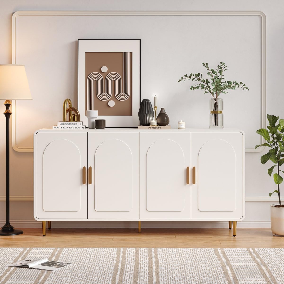 TGF Furniture Store Modern White Sideboard Cabinet – 4-Door Storage Buffet with Gold Handles & Metal Legs, Contemporary Wooden Console for Living Room, Dining Room & Entryway-image-11