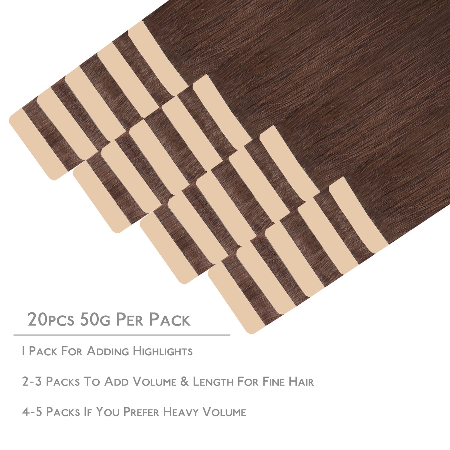 WENNALIFE Lot de 20 extensions capillaires en cheveux humains Remy invisibles, soyeux, droits, 50 g, 40 cm, marron chocolat - 2