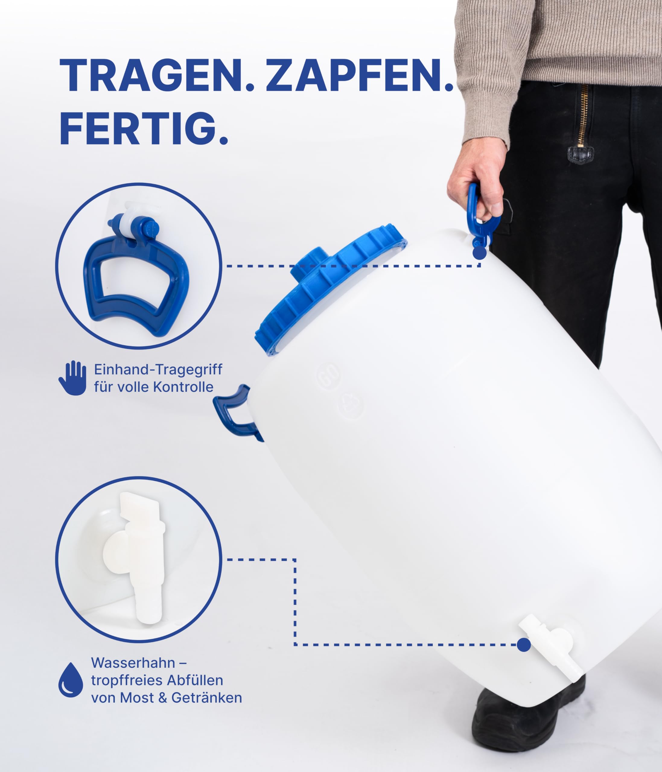 Hessentaler Container® Getränkefass 60L – Lebensmittelechtes Weithalsfass mit Deckel & Hahn – Made in Germany – extrem stabil, chemikalienbeständig, leicht zu reinigen – ideal für Most, Wein & Wasser