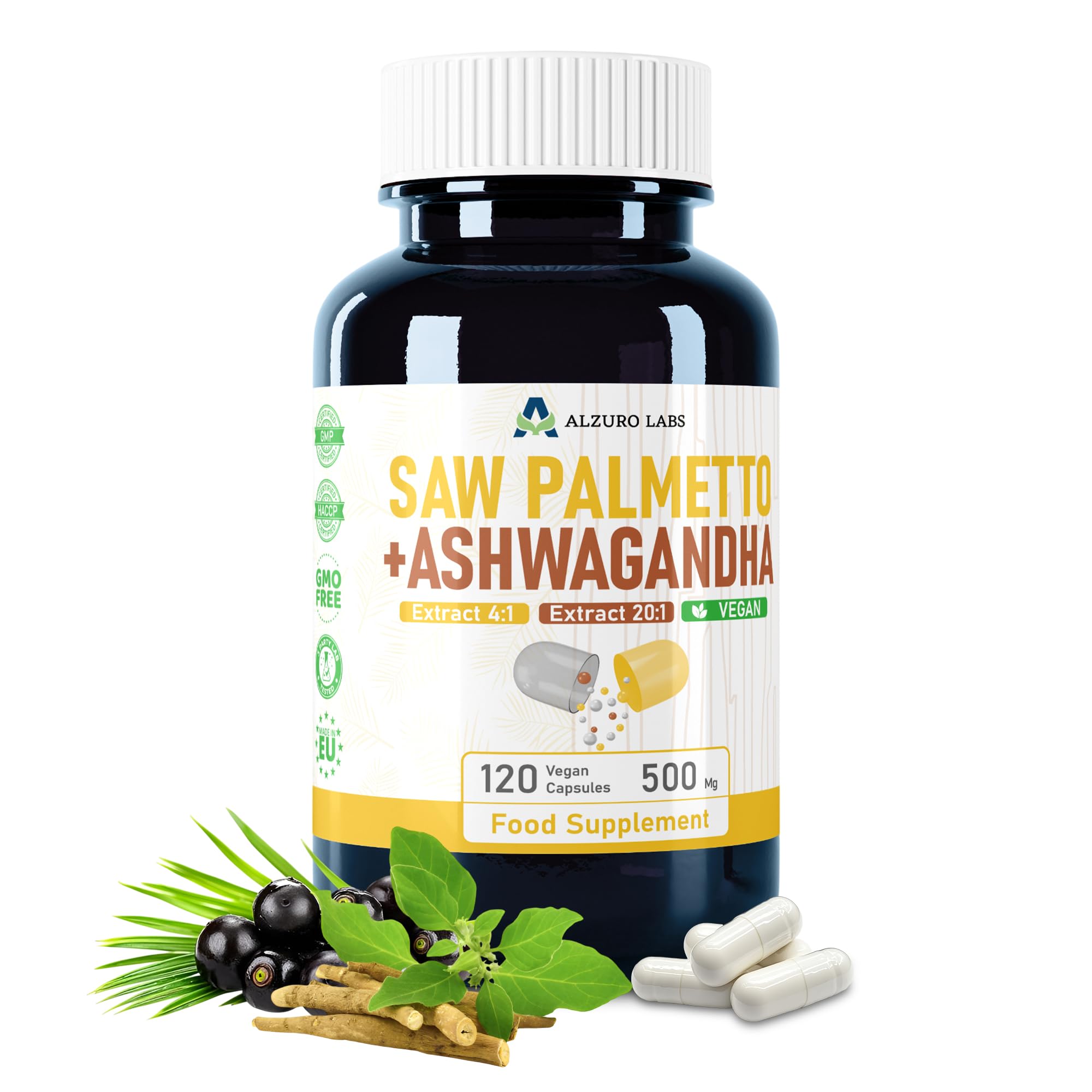Serenoa Repens | & Ashwagandha | 500mg (extracto 4:1 y 20:1) | 120 cápsulas veganas | Suministro de 4 meses | GMP & Probado por Laboratorio Independiente