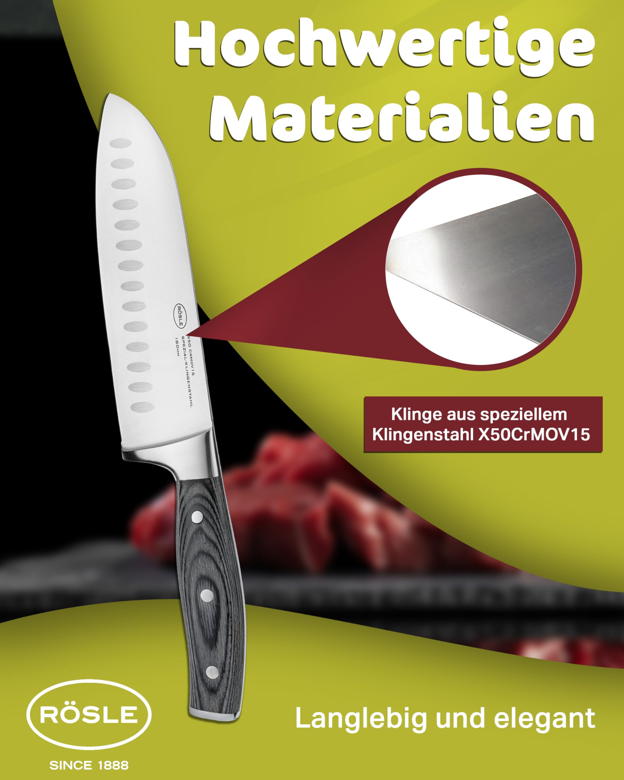 RÖSLE Santokumesser WOLFGREY 17,5 cm – Scharfes Küchenmesser & Kochmesser mit Kullenschliff – Santoku Messer, perfekt für Feines Schneiden, Würfeln und Hacken mit Leichtigkeit