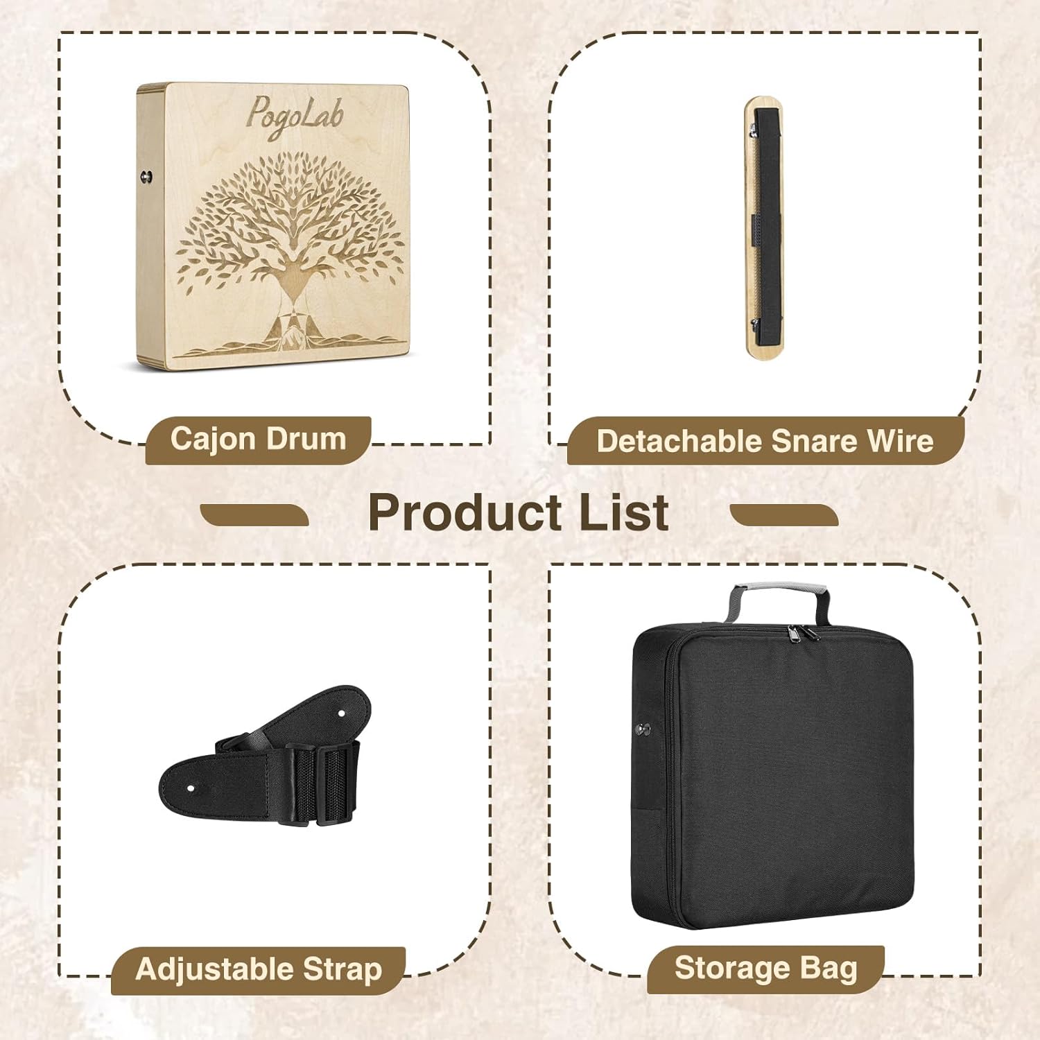 POGOLAB Portable Cajon, Multi-Tone Travel Drum Box with Storage Bag & Detachable Snare Drum Strap, Exquisite Carved Patterns, Beautiful Percussion Instrument Gift