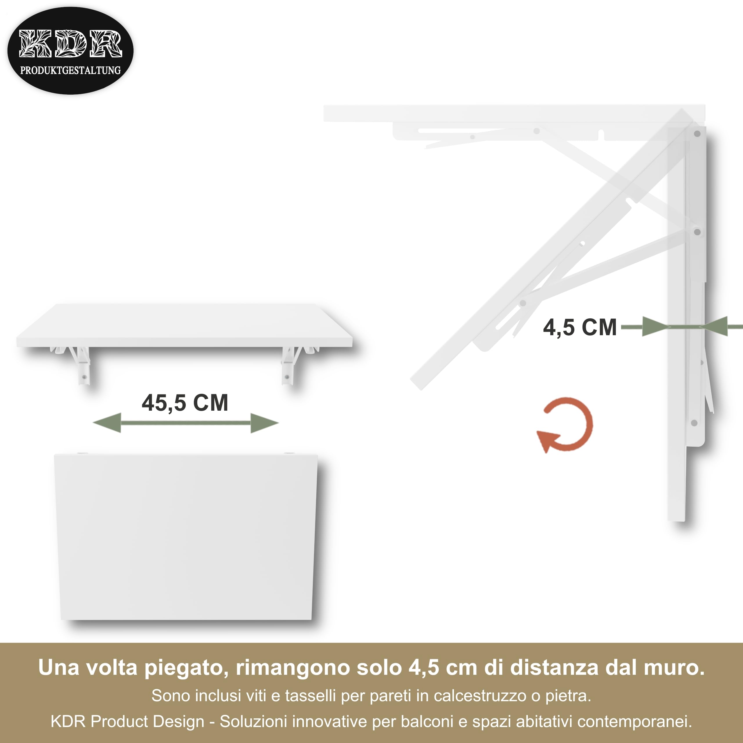 KDR - Tavolo pieghevole da parete, 60 x 40 cm, colore: bianco, tavolo da pranzo, scrivania, tavolo da cucina o posto di lavoro, salvaspazio e versatile