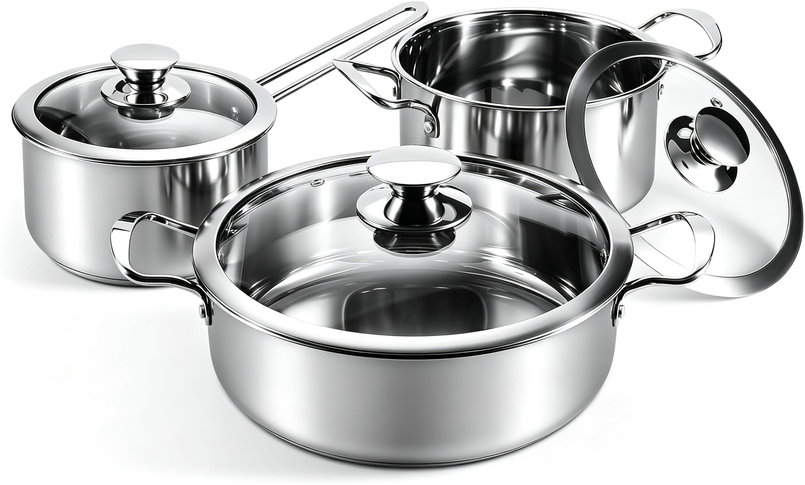 Stainless Steel Pan Set — 6-Piece Tri-Ply Base Induction Pots and