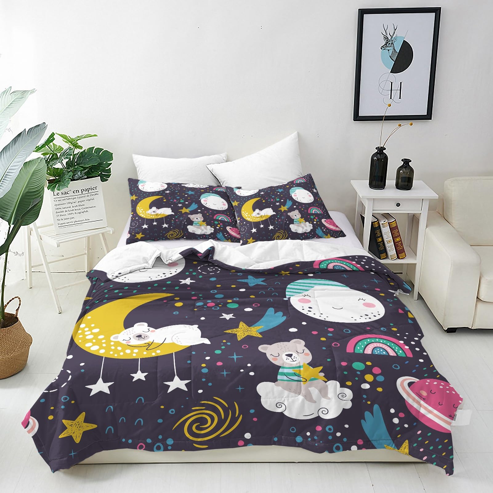 ANHOPE Bear Duvet Cover Set 3 Piece Bedding Set with 2 Pillowcases Space Rainbow Moon Planet Stars 3D Printed Pattern Soft Breathable Microfibre Quilt Cover with Zipper Closure Super King