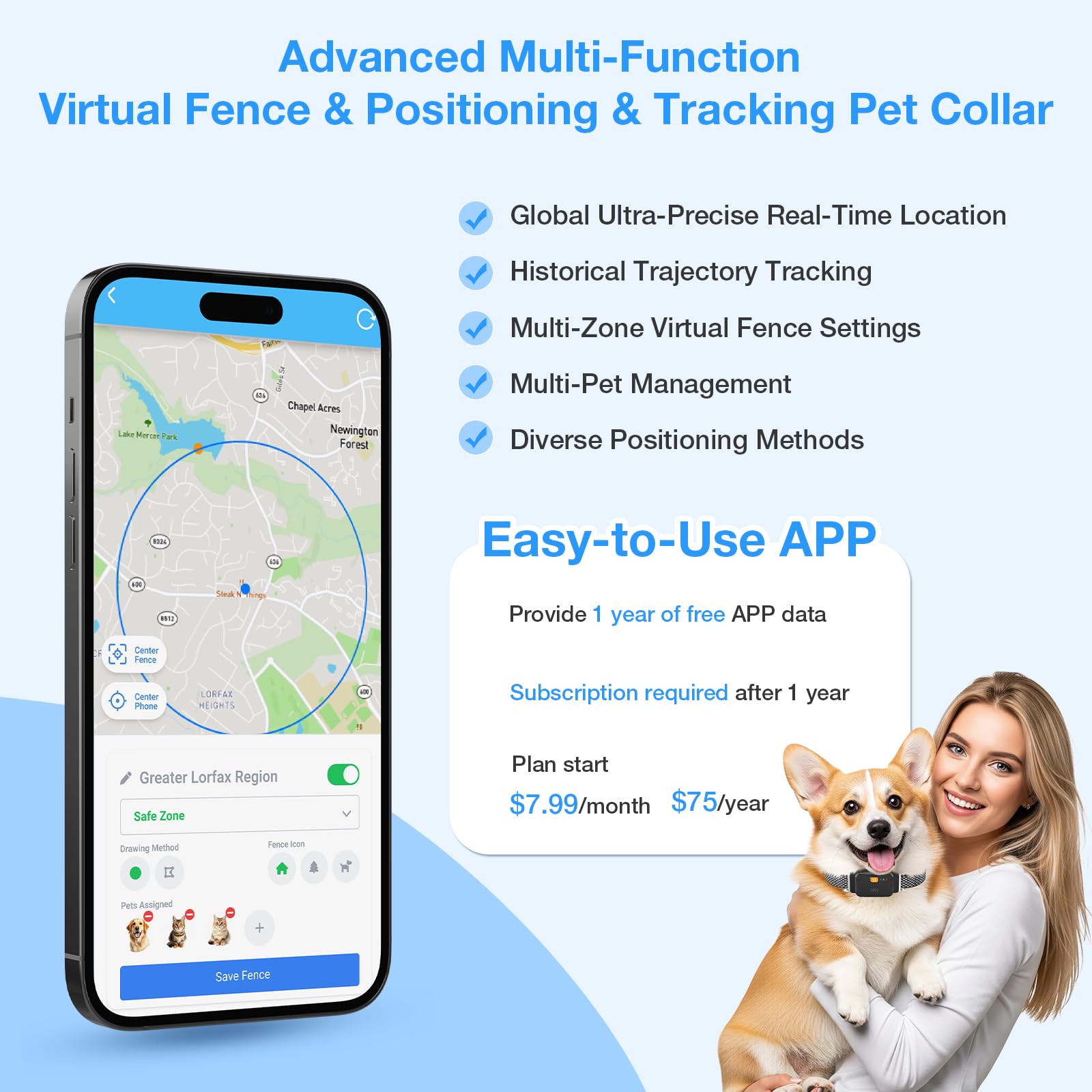 Valla eléctrica para perro, collar de perro con valla virtual inalámbrica, collar inteligente para perro con GPS | AOZOOM Rastreador GPS para mascotas con aplicación, cercas irregulares personalizadas, localizador de mascotas, color negro