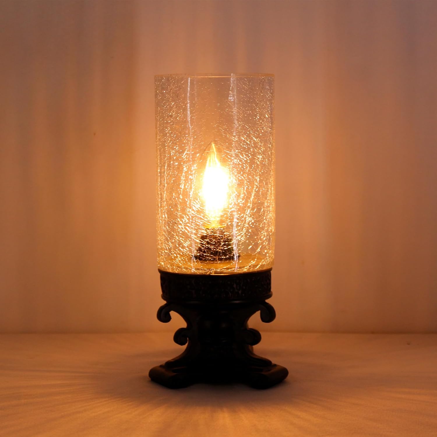 Small Glass Table Lamp Mini Candle Desk Night Light Bronze Resin Base 4" D x 4" W x 10.5" H (Crack)