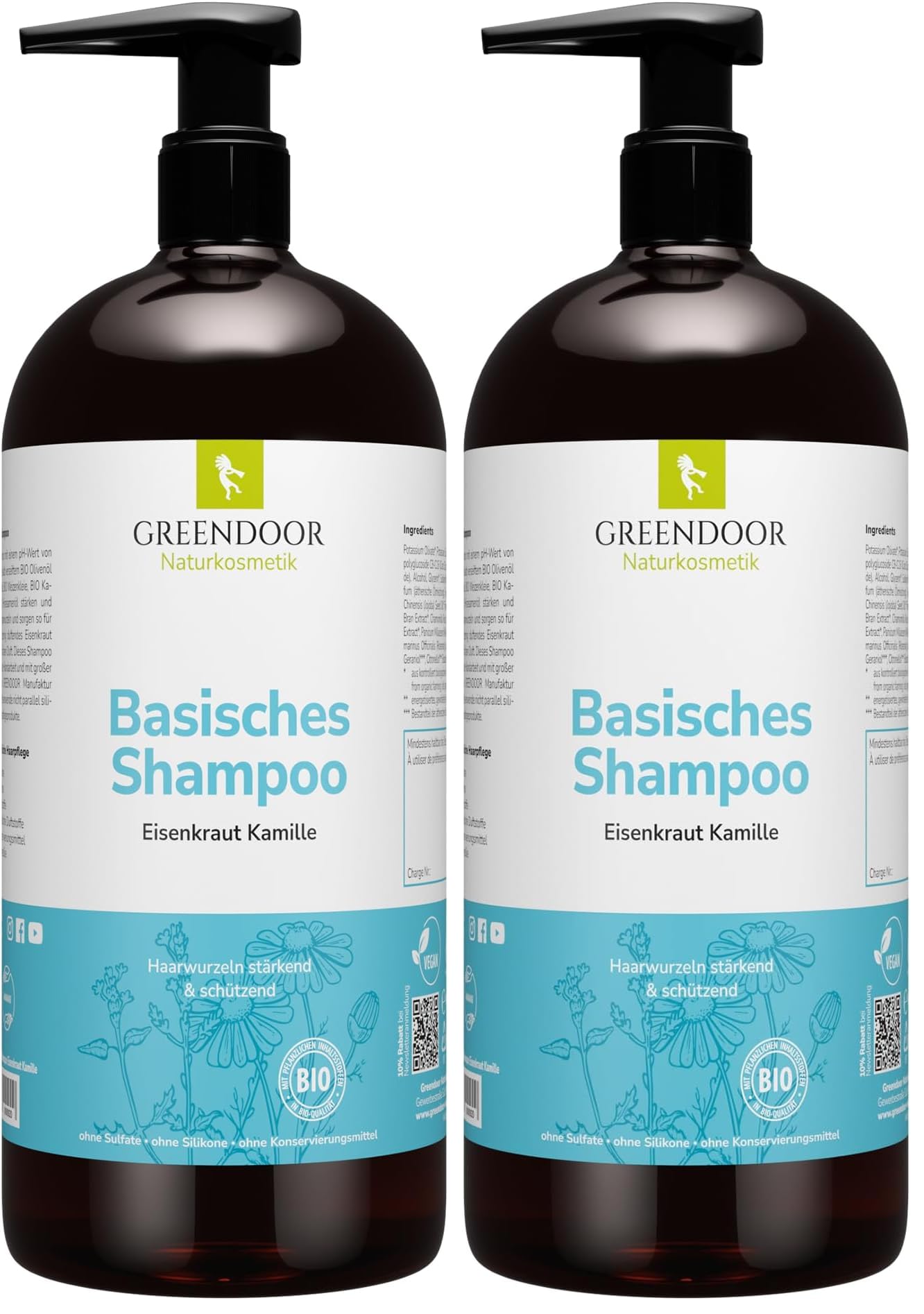 GREENDOOR Bio Natur Shampoo Eisenkraut Kamille 500ml SPARPACKUNG für strapaziertes Haar, natürlich ohne Sulfate Silikone, basische Haarpflege, Naturkosmetik Haarwäsche (Packung mit 2)