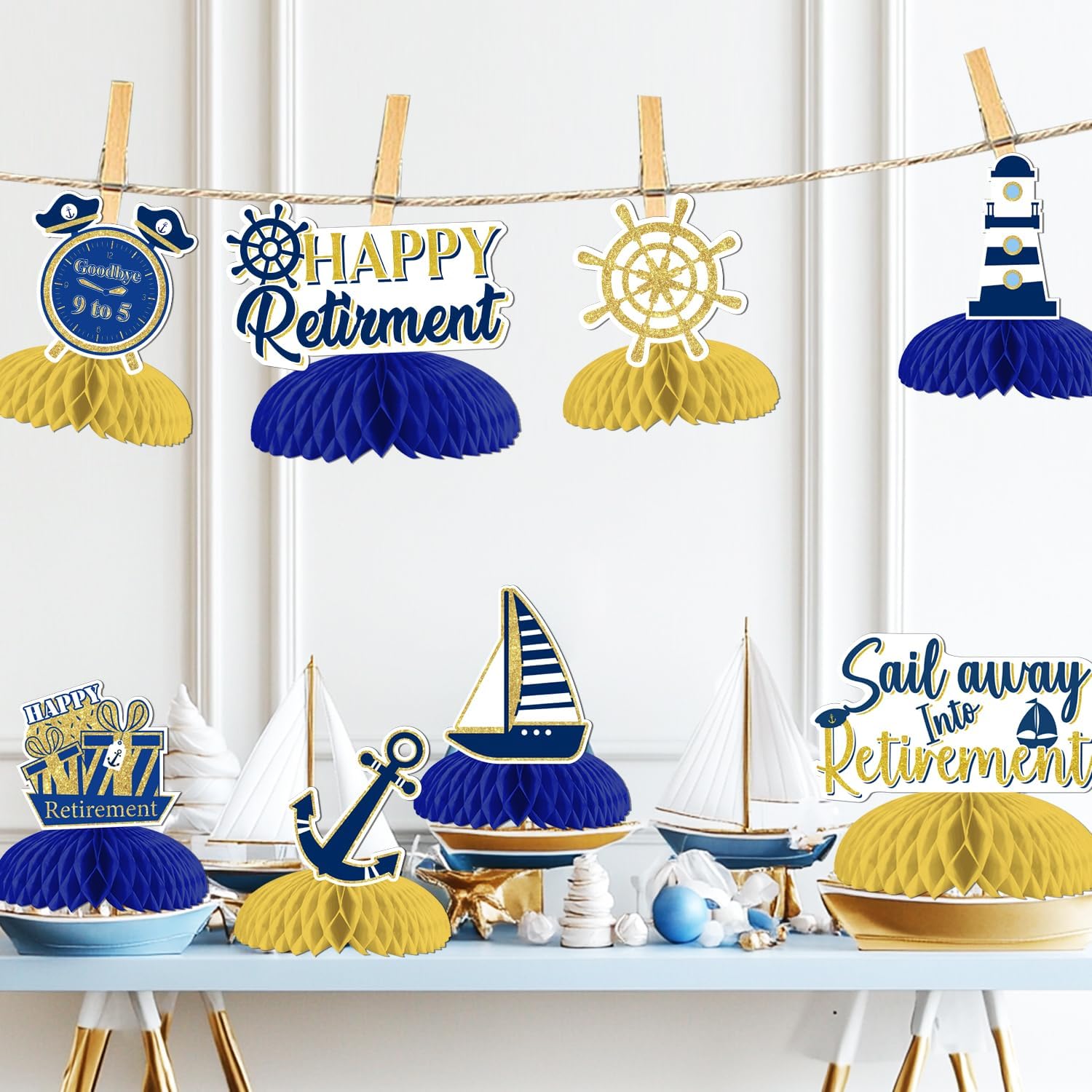 8 Pcs Nautical Retirement Party Decorations Sailing Into Retirement Table Honeycomb Centerpieces Nautical Themed Retirement Adventure Awaits Sign for Sailor Men Retirement Party Supplies image 3
