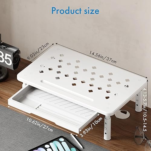 Miniatura 7 de Elevador de monitor con cajón, altura ajustable (4.1-5.7 in), 3 engranajes, organizador de escritorio de acero al carbono para computadoraportátil,
