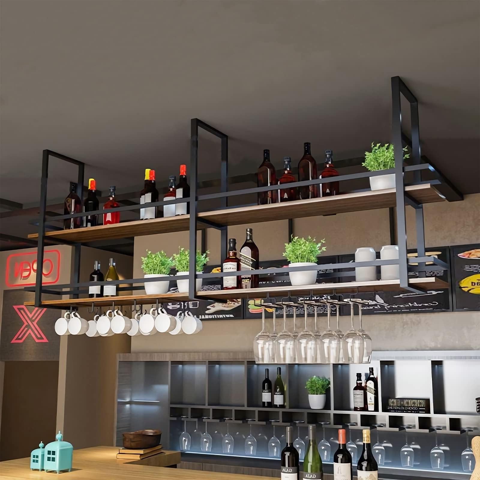 Étagères flottantes en bois massif à 2 niveaux pour verres à vin et salon