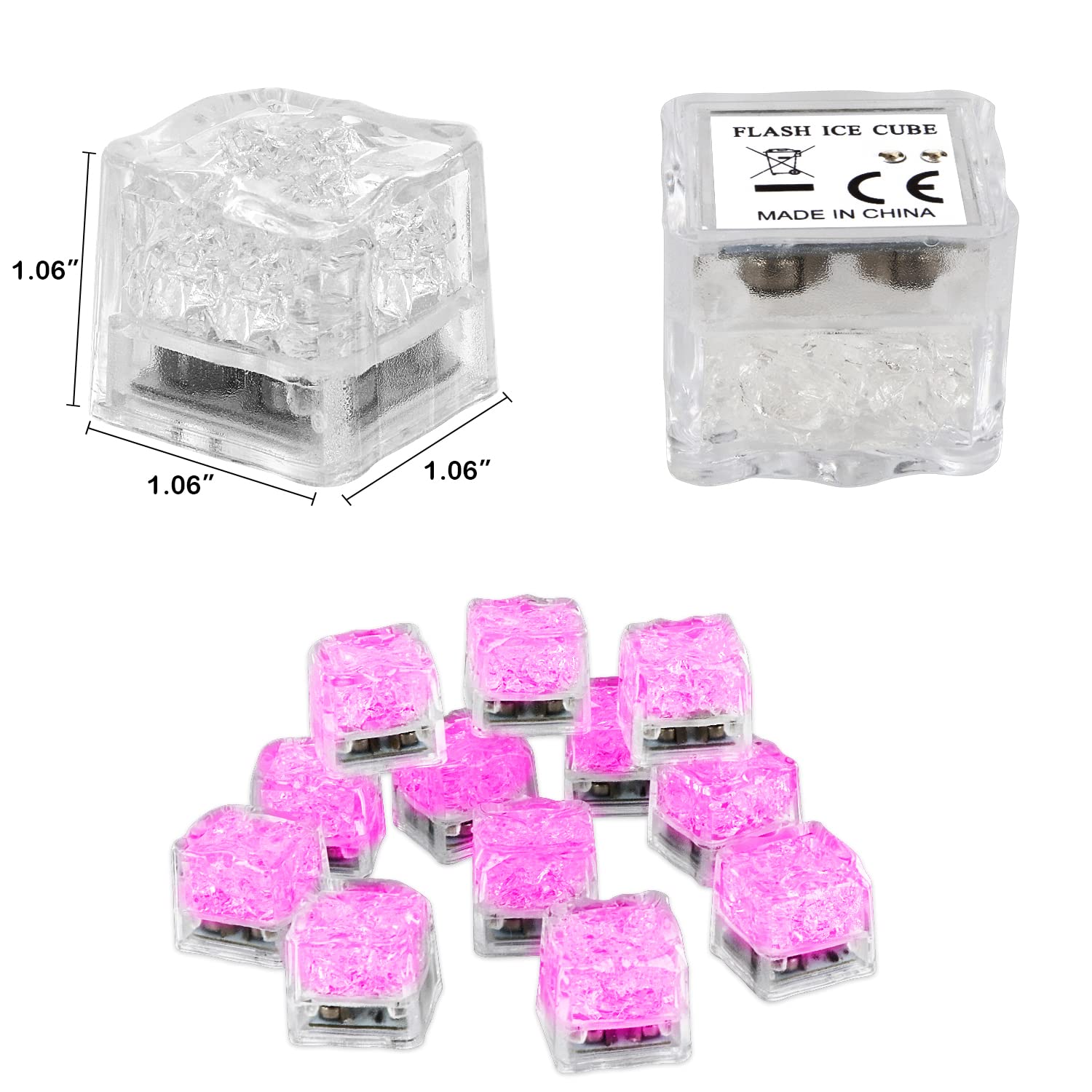 Cubetti di ghiaccio luminosi, 200 cubetti di ghiaccio a LED rosa per bevande, IP67, impermeabili, riutilizzabili, luci lampeggianti per club, bar, feste, matrimoni, cocktail