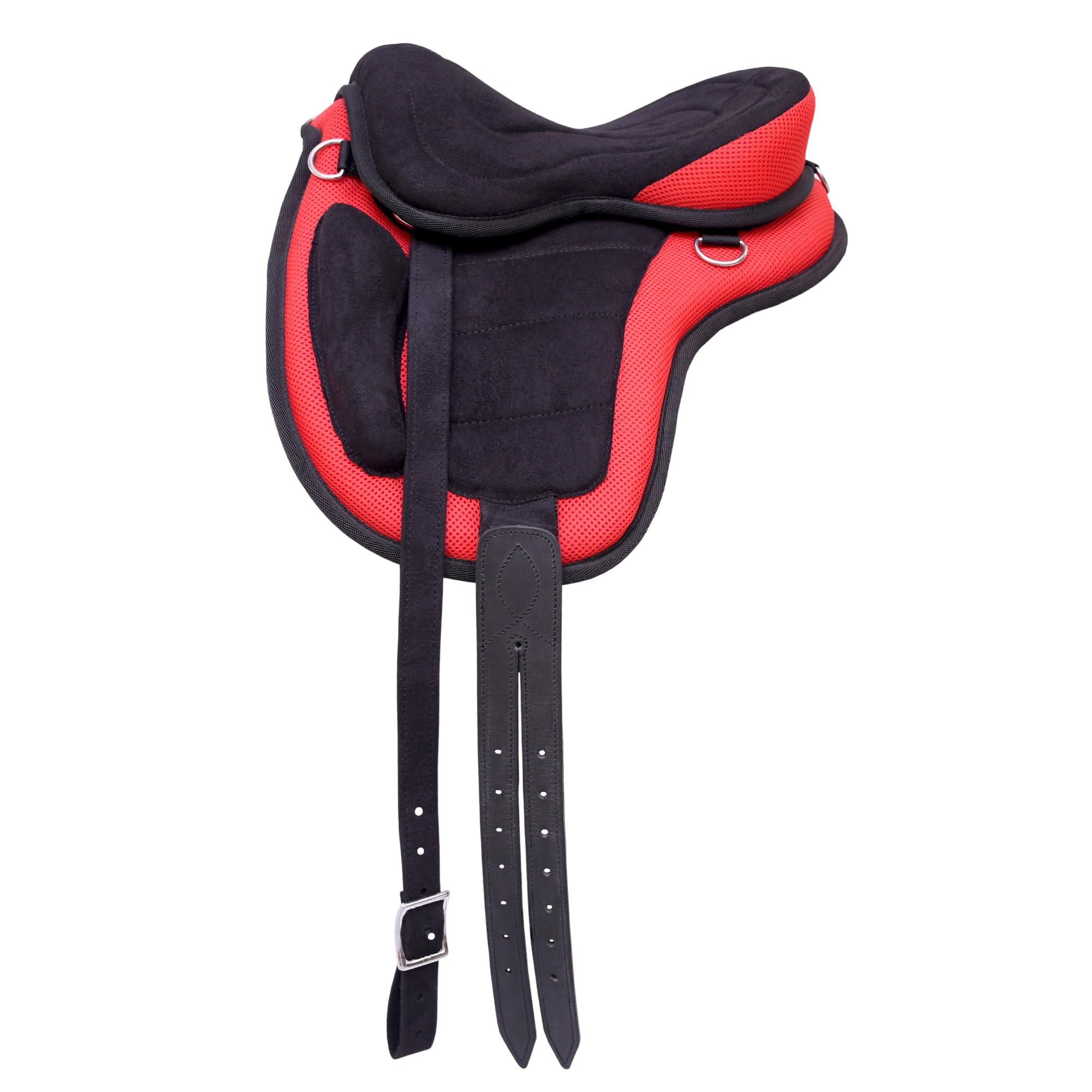 THKtack Synthetic Treeless Freemax saddle | 12 Inch | Lightweight Flexible Horse, Pony Riding Saddle - Bareback Style Saddle for Trail, Endurance & Everyday Riding Including Girth (Red & Black)