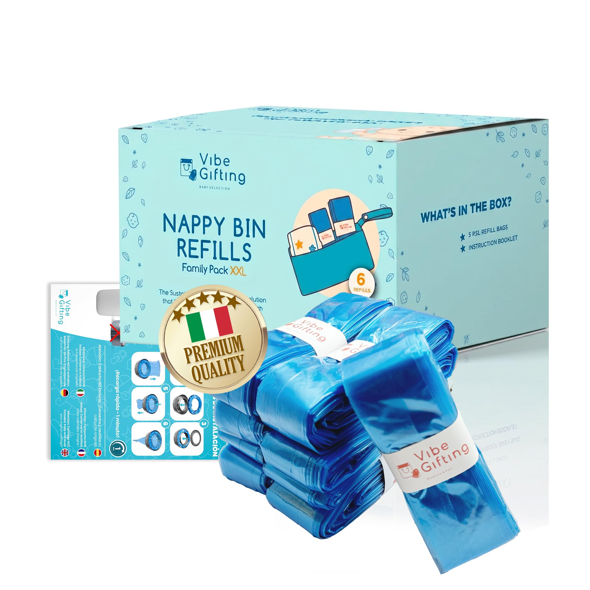 VibeGifting® Pack XXL-6 buste da 10 mt compatibili con Ricarica Mangiapannolini Foppapedretti, Ricariche Mangiapannolini Tommee Tippee, Profumate, Senza-BPA, 100% Riciclato