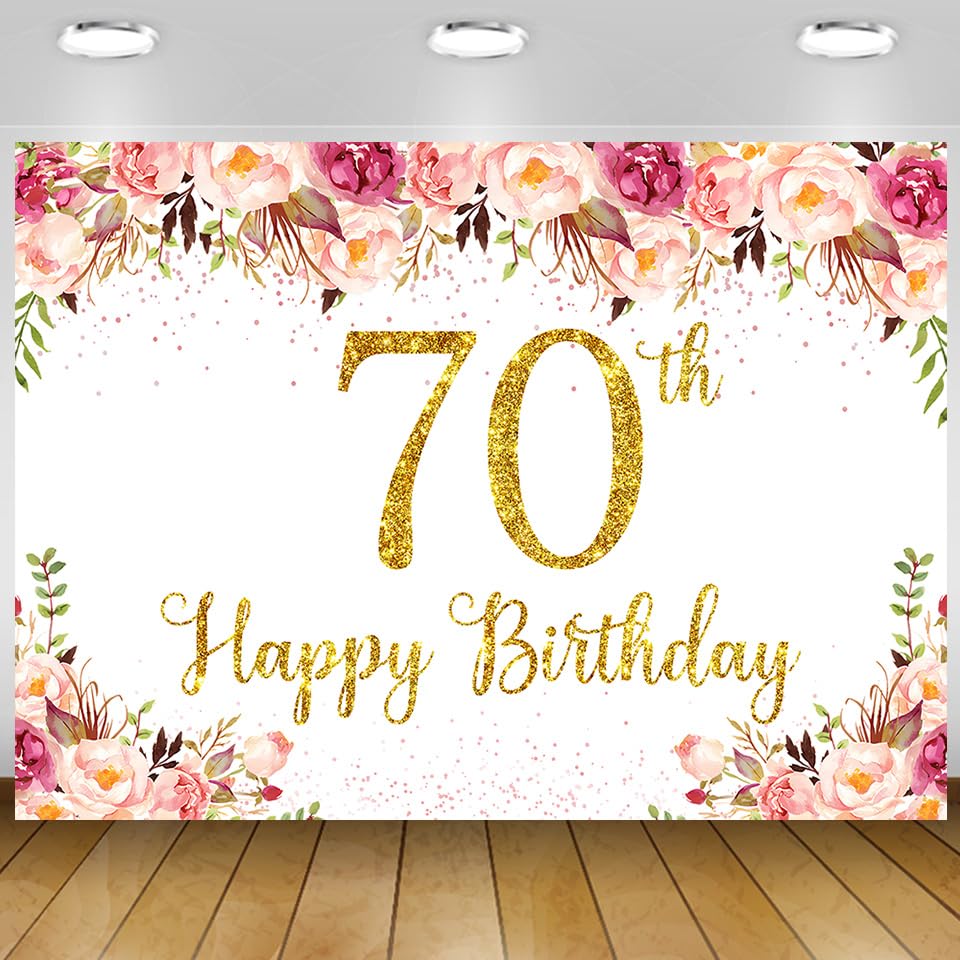 Pink Flowers Happy 70th Birthday Decorations for Women Men White Pink Floral Happy 70th Birthday Banner Party Decoration Supplies 5.9X3.6Ft