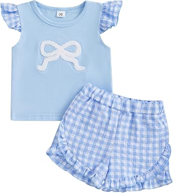 Toddler Baby Girl Summer Outfit Bow Embroidery Short Sleeve T-Shirt Plaid Ruffle Shorts Set Little Girls Clothes