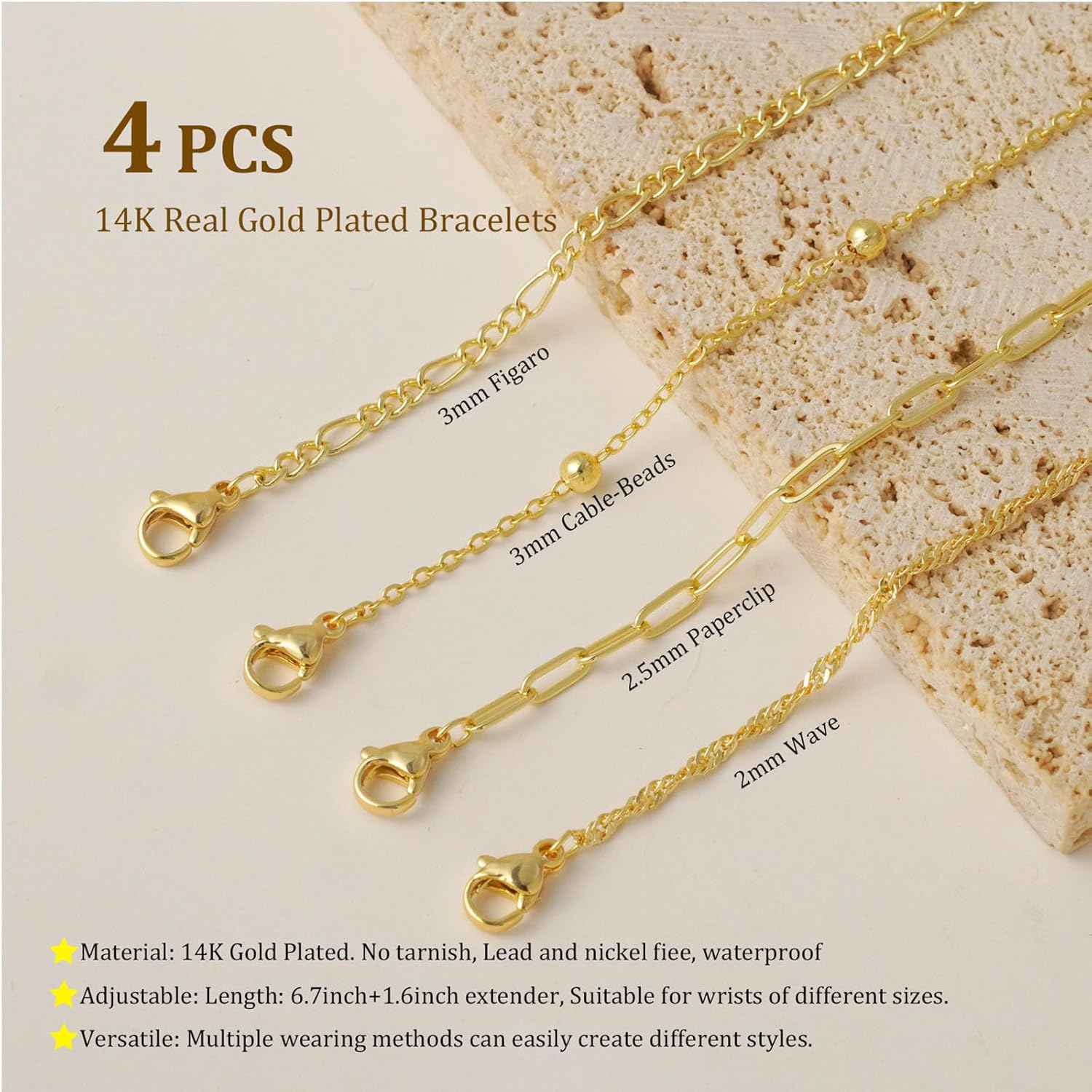 Gold Bracelets for Women, Dainty 14K Gold Plated Bracelet Stack for Women Trendy CZ Tennis Paperclip Cuban Chain Stackable Adjustable Waterproof Link Bracelet Jewelry Set Fashion Accessories Gifts - Image 5